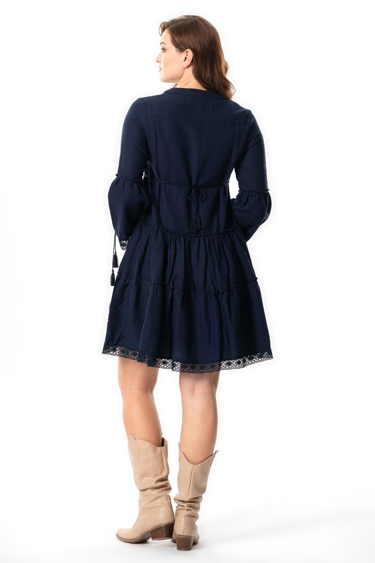 Uzun Kol Seçil Pazen Kısa Sonbahar ve Kışlık Elbise Lacivert Lcvt