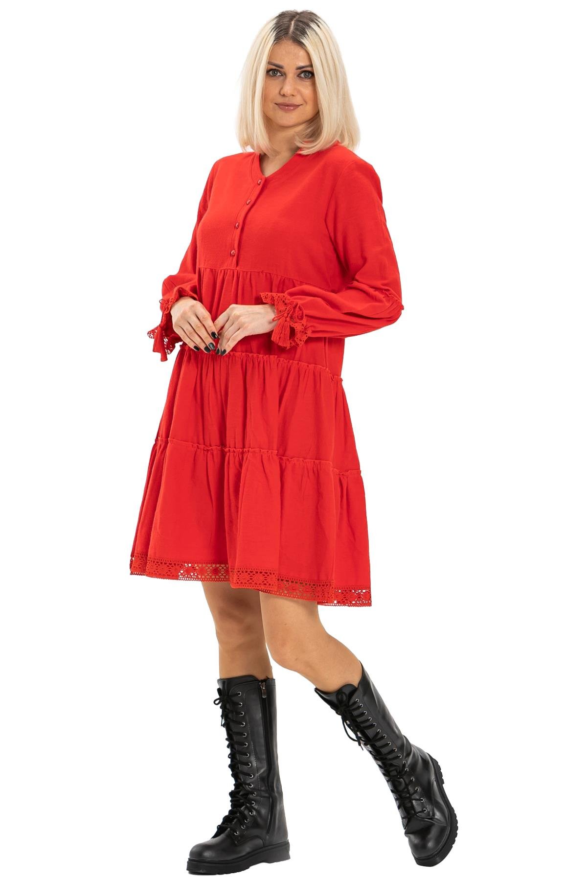 Uzun Kol Seçil Pazen Kısa Sonbahar ve Kışlık Elbise Kırmızı Krmz