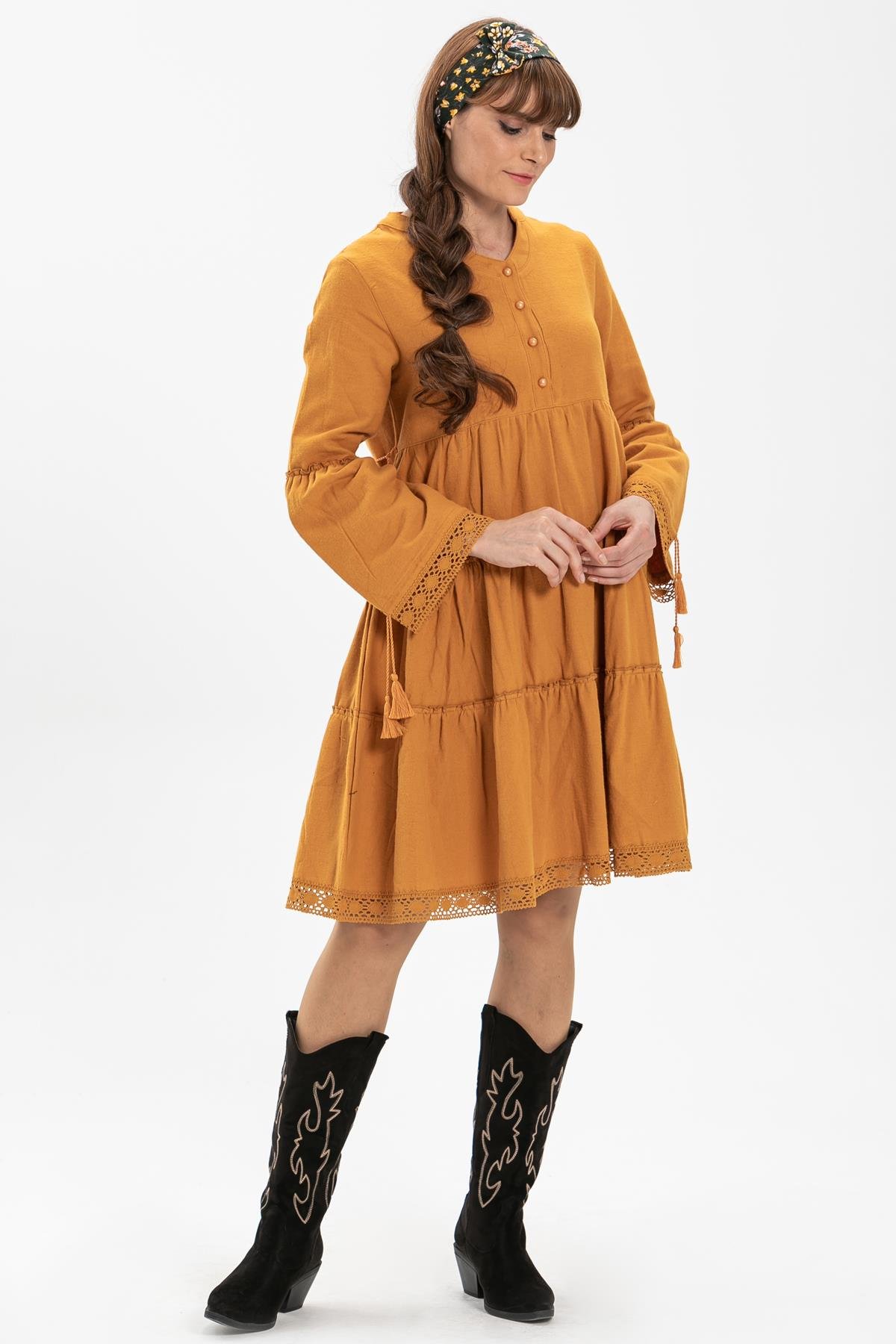 Uzun Kol Seçil Pazen Kısa Sonbahar ve Kışlık Elbise Hardal Hrd