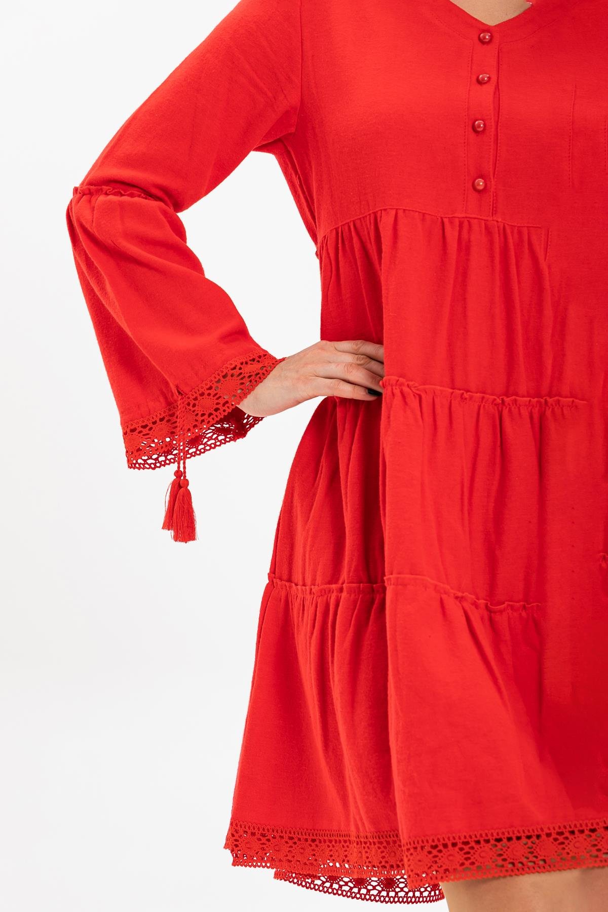 Uzun Kol Seçil Pazen Kısa Sonbahar ve Kışlık Elbise Kırmızı Krmz