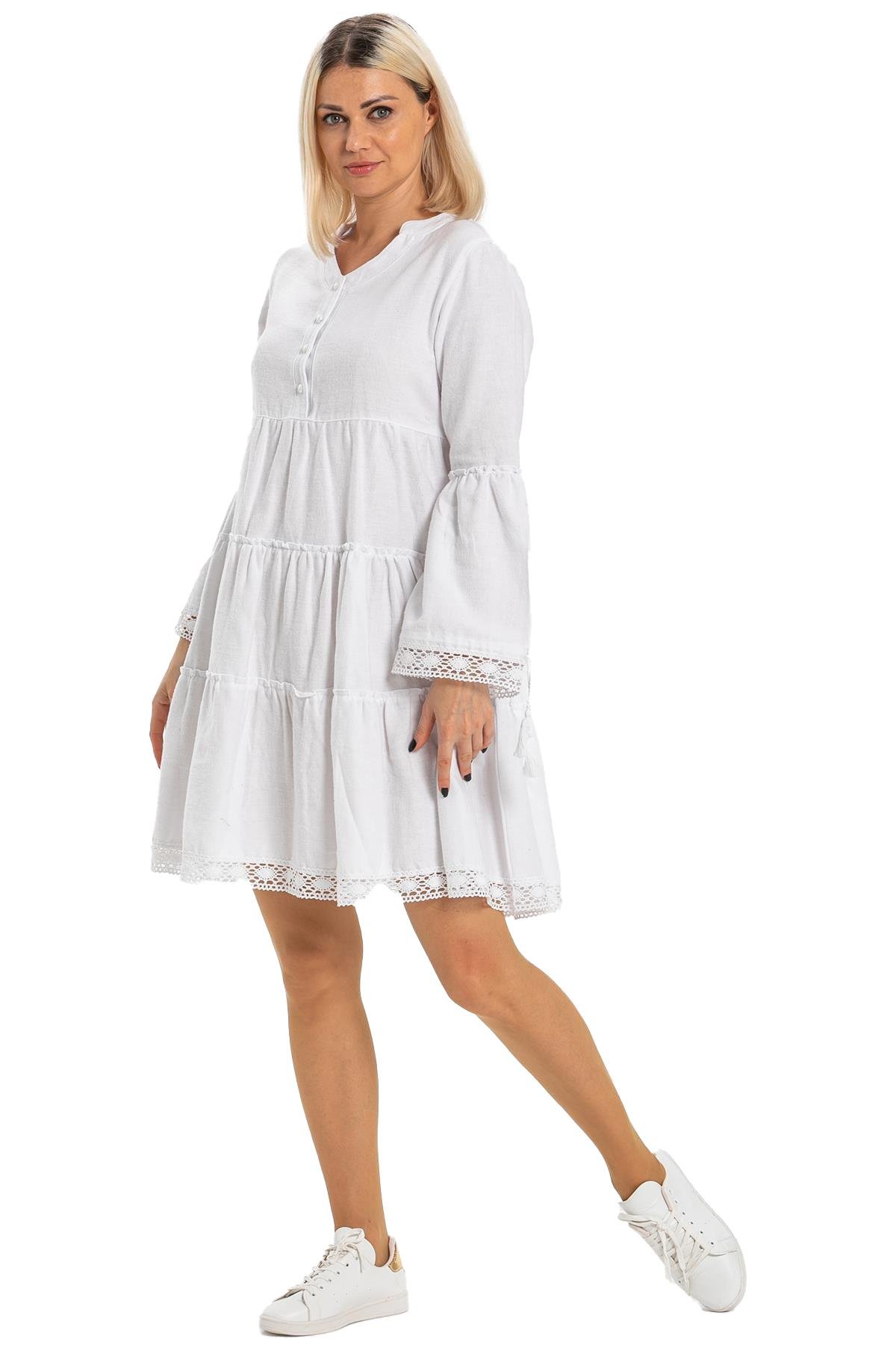 Uzun Kol Seçil Pazen Kısa Sonbahar ve Kışlık Elbise Beyaz Byz