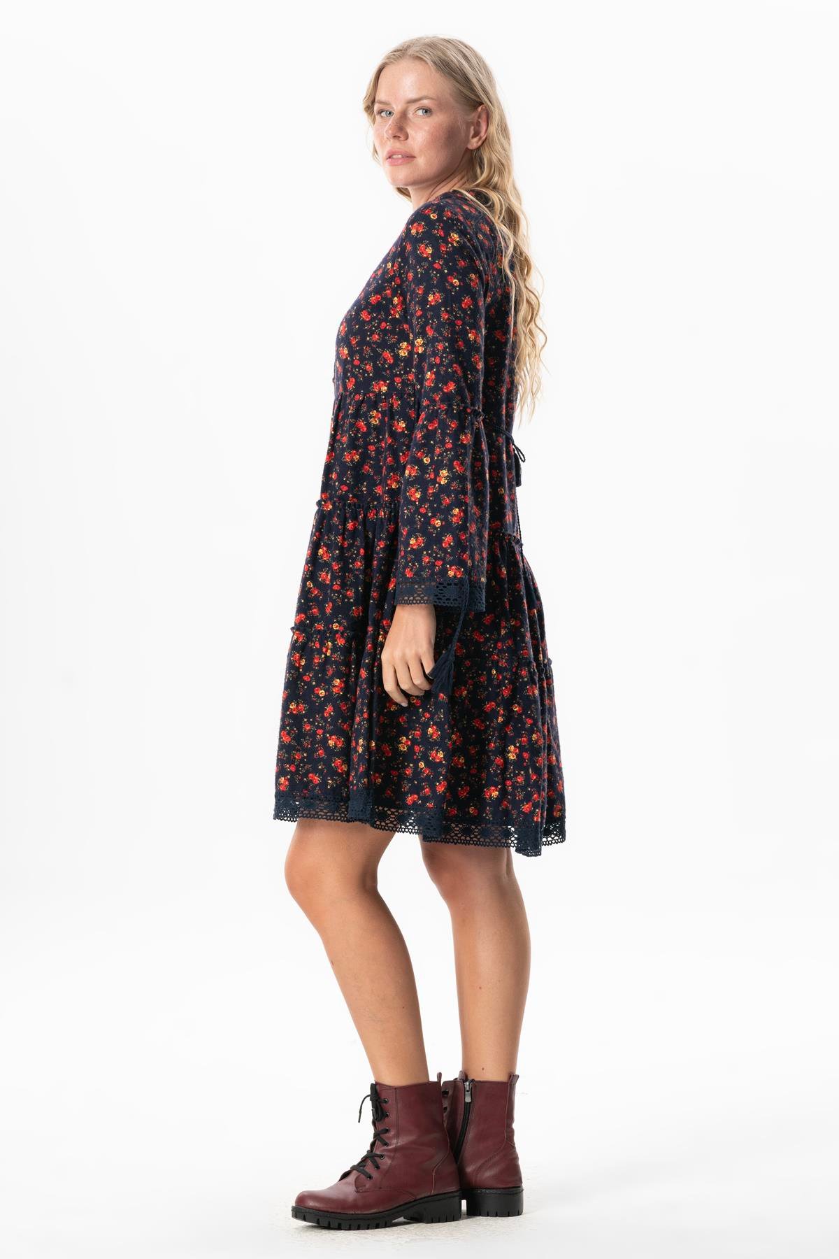 Uzun Kol Seçil Pazen Sonbahar ve Kışlık Kısa Elbise Gül Desen Lacivert Lcvt