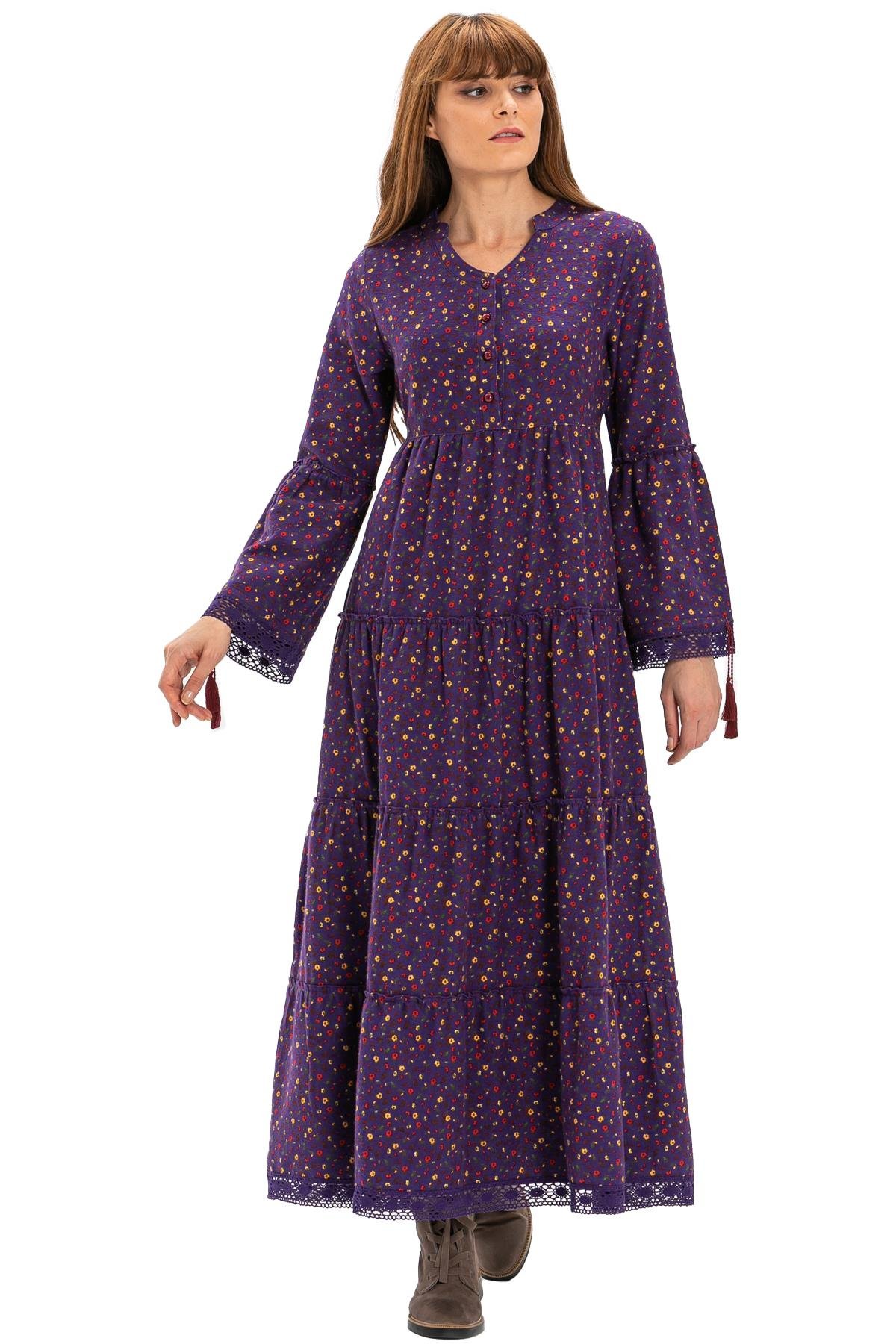 Uzun Kol Seçil Pazen Sonbahar ve Kışlık Uzun Elbise Çıtır Desen Mor Mor