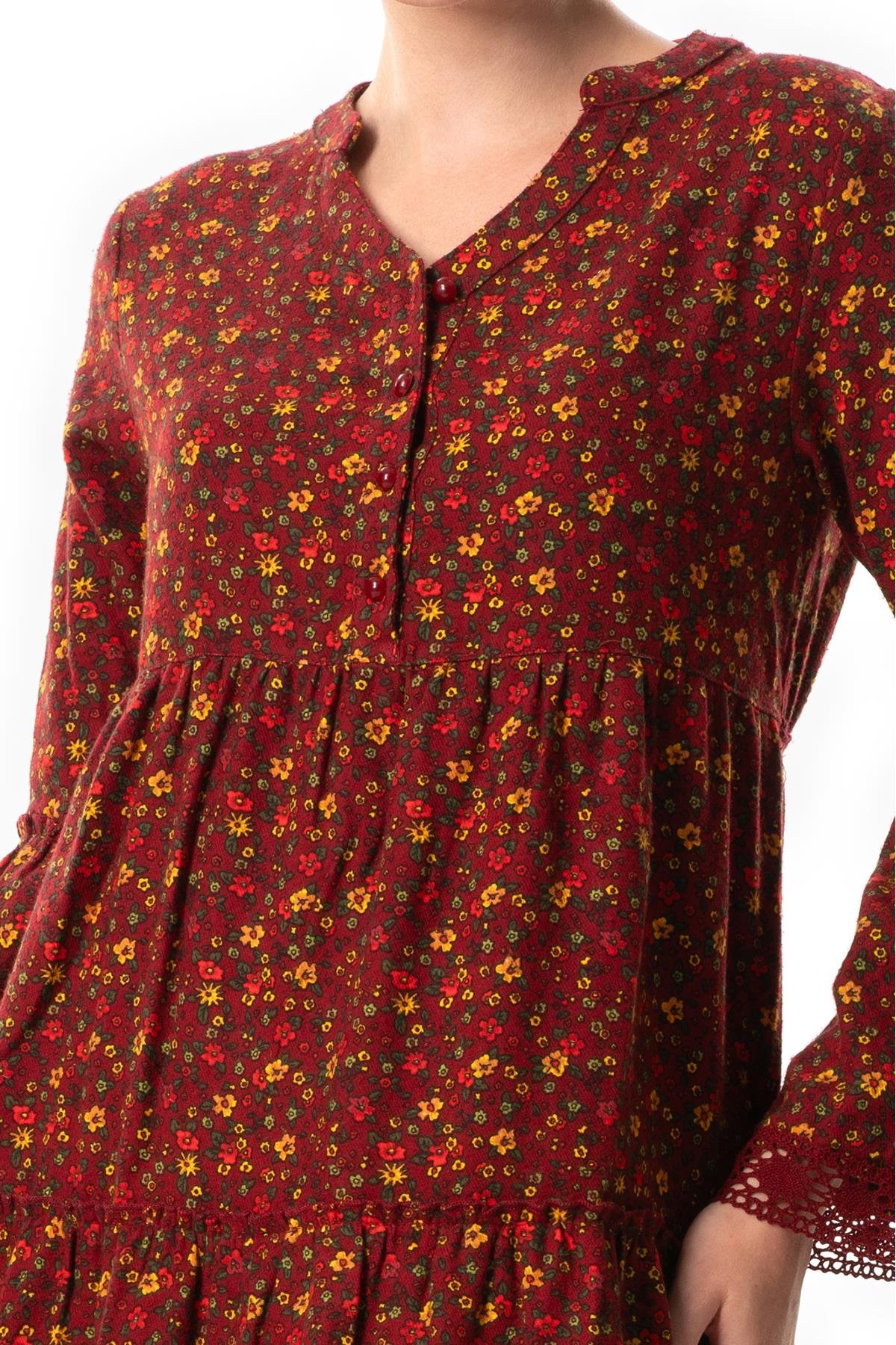 Long Sleeve Seçil Flannel Autumn and Winter Long Dress Daisy Pattern Claret Red