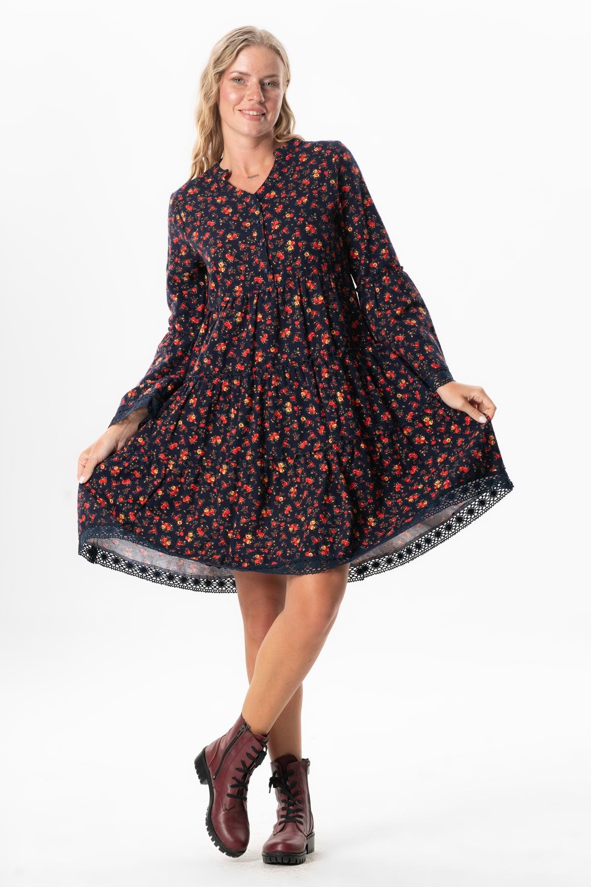 Uzun Kol Seçil Pazen Sonbahar ve Kışlık Kısa Elbise Gül Desen Lacivert Lcvt