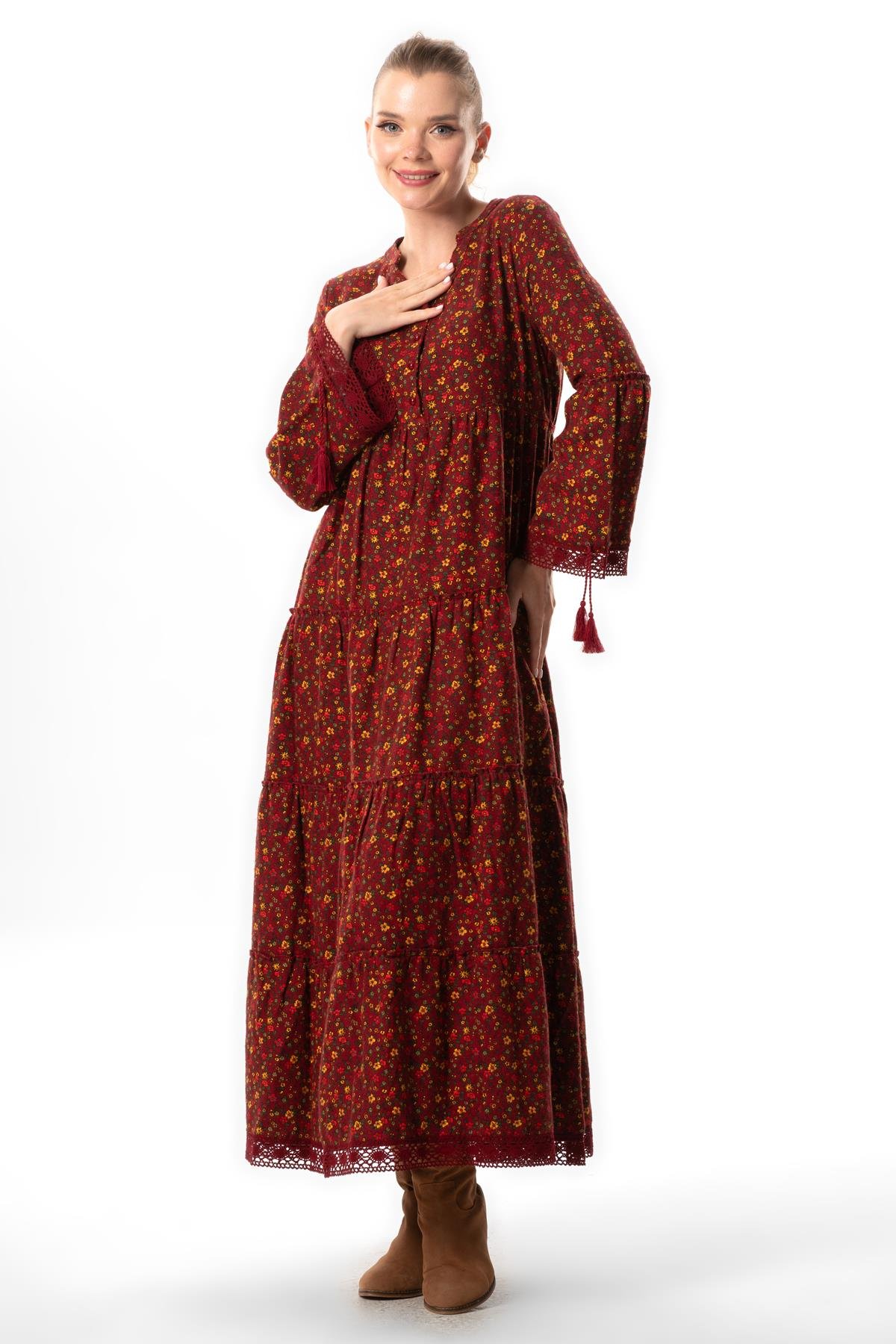 Long Sleeve Seçil Flannel Autumn and Winter Long Dress Daisy Pattern Claret Red