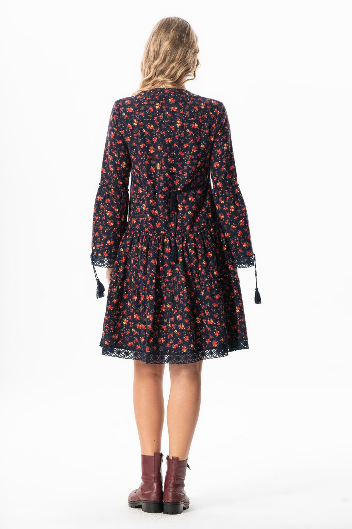 Uzun Kol Seçil Pazen Sonbahar ve Kışlık Kısa Elbise Gül Desen Lacivert Lcvt