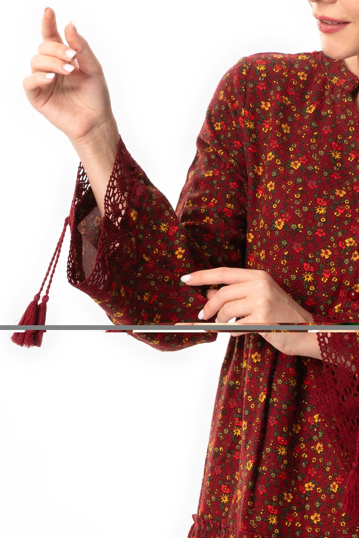 Long Sleeve Seçil Flannel Autumn and Winter Long Dress Daisy Pattern Claret Red