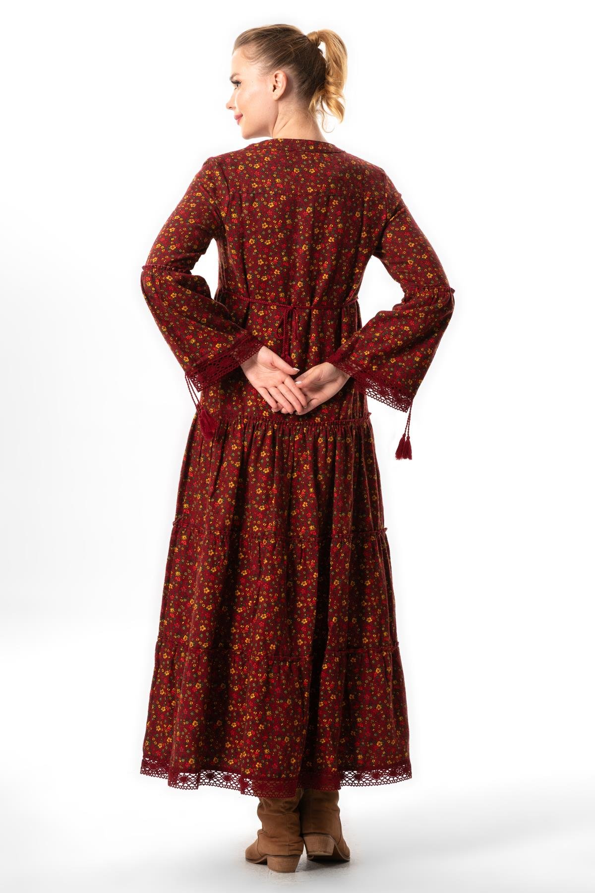 Long Sleeve Seçil Flannel Autumn and Winter Long Dress Daisy Pattern Claret Red