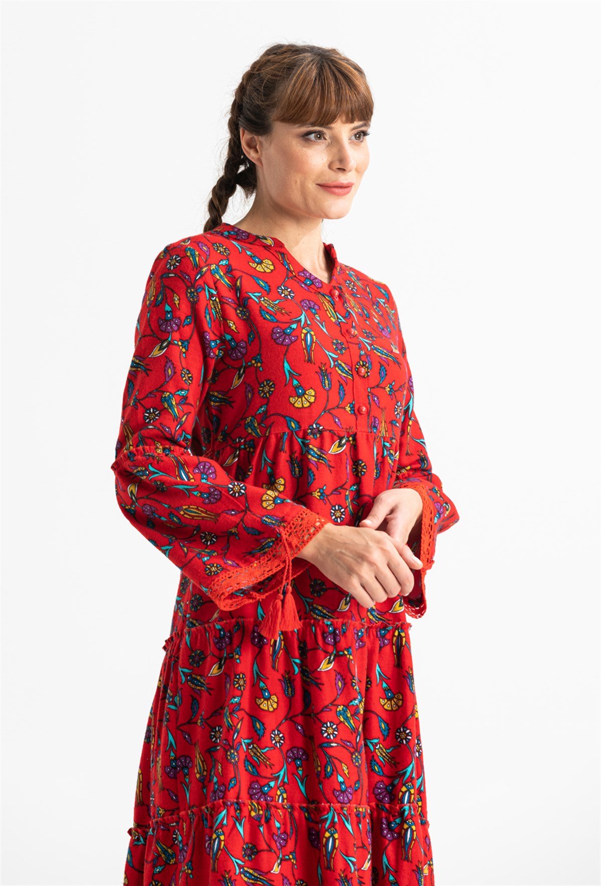 Uzun Kol Seçil Pazen Uzun Elbise Çini Desen Kırmızı Krmz