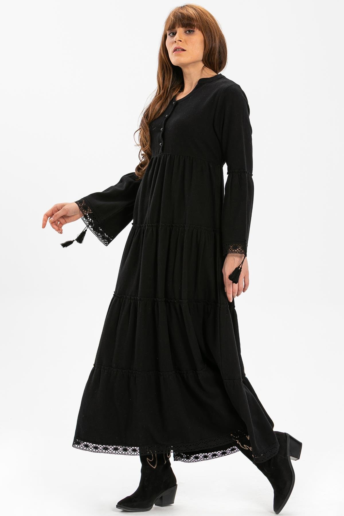 Uzun Kol Seçil Pazen Uzun Sonbahar ve Kışlık Elbise Siyah Syh