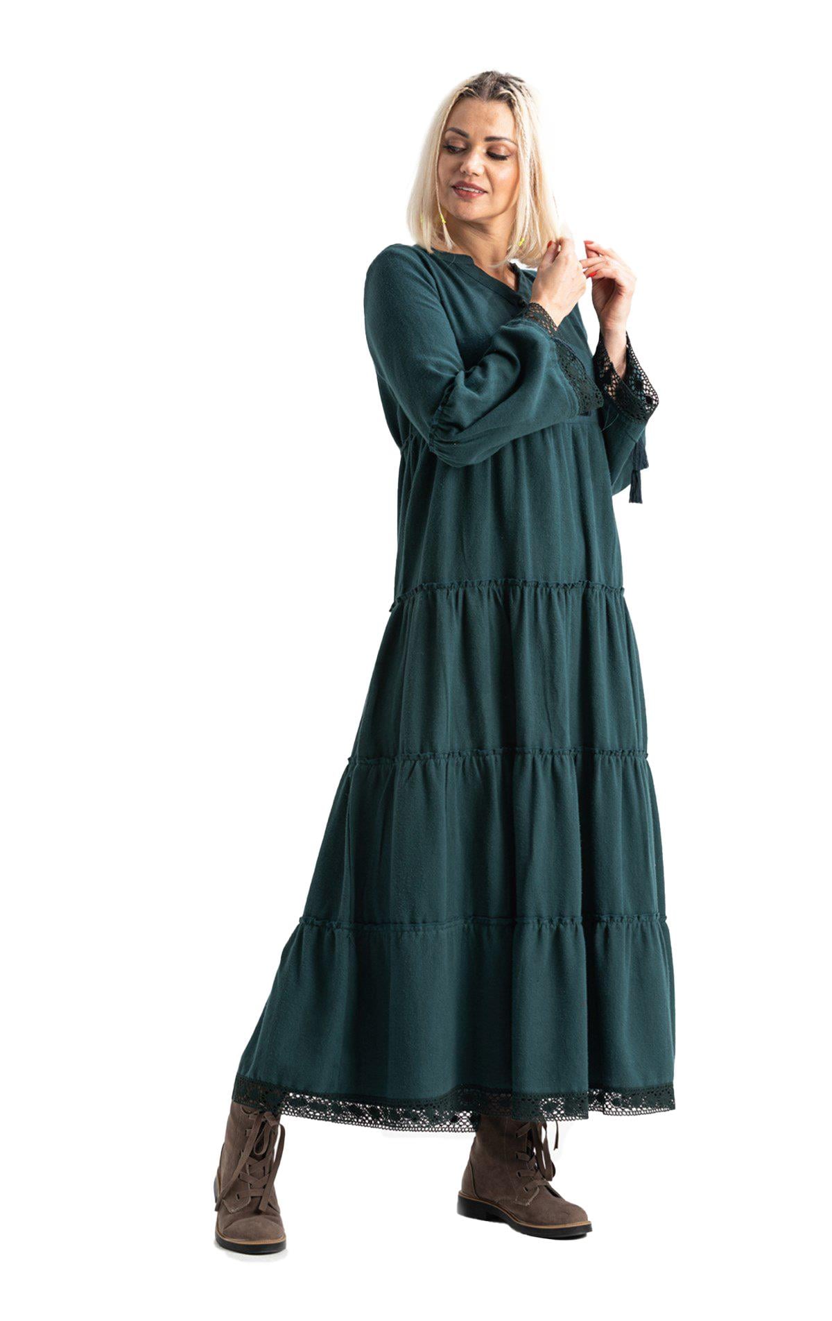 Long Sleeve Seçil Flannel Long Dress Petrol