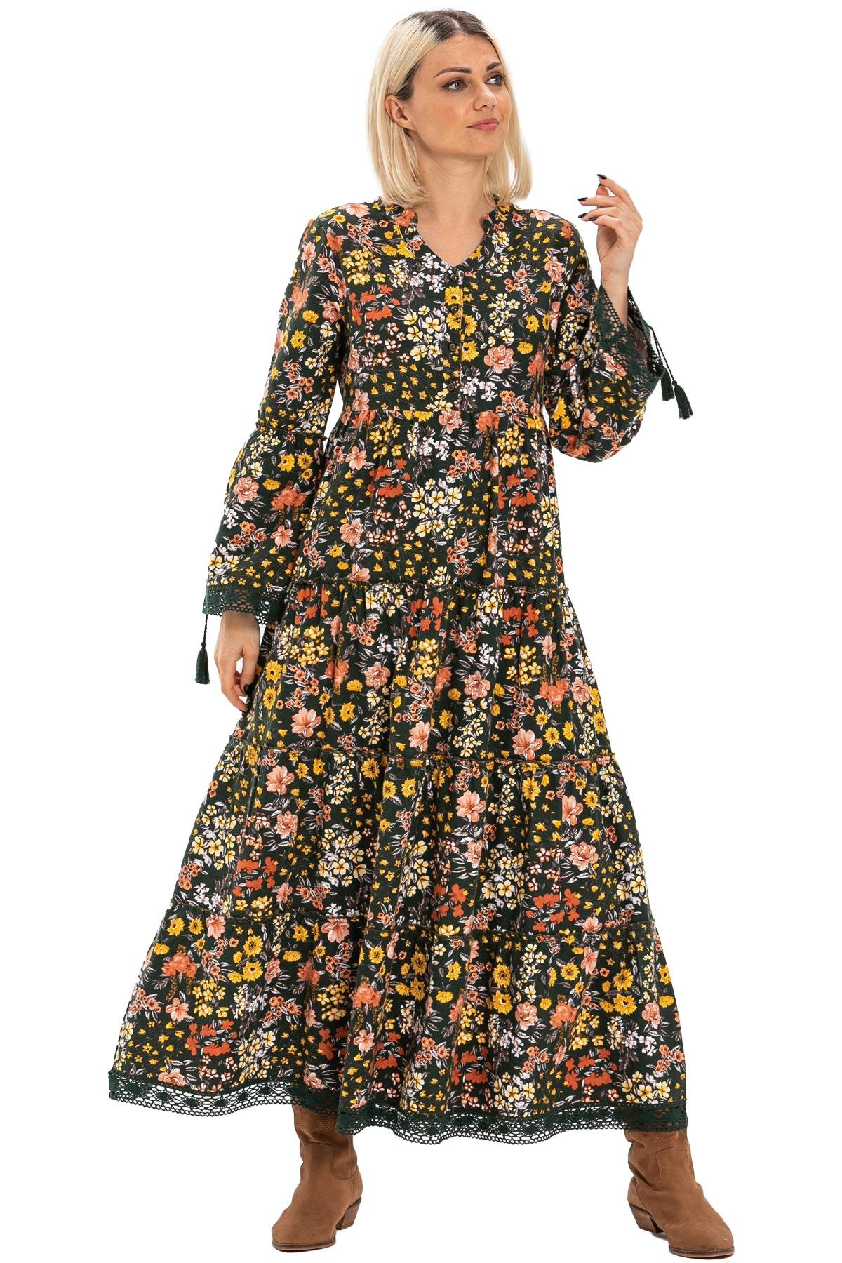 Uzun Kol Seçil Pazen Uzun Sonbahar ve Kışlık Elbise Bahar Desen Yeşil Ysl