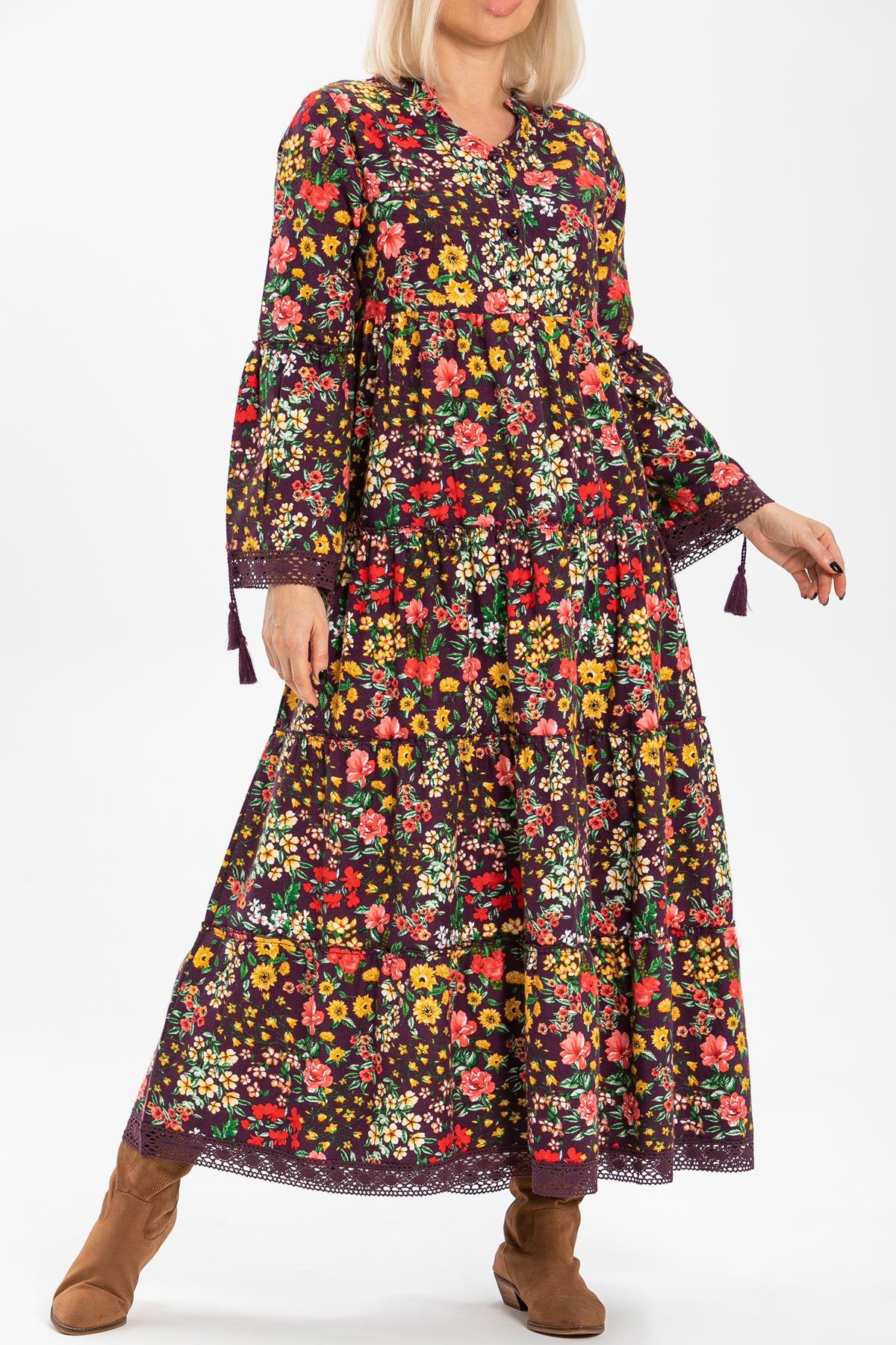 Uzun Kol Seçil Pazen Uzun Sonbahar ve Kışlık Elbise Bahar Desen Mor Mor