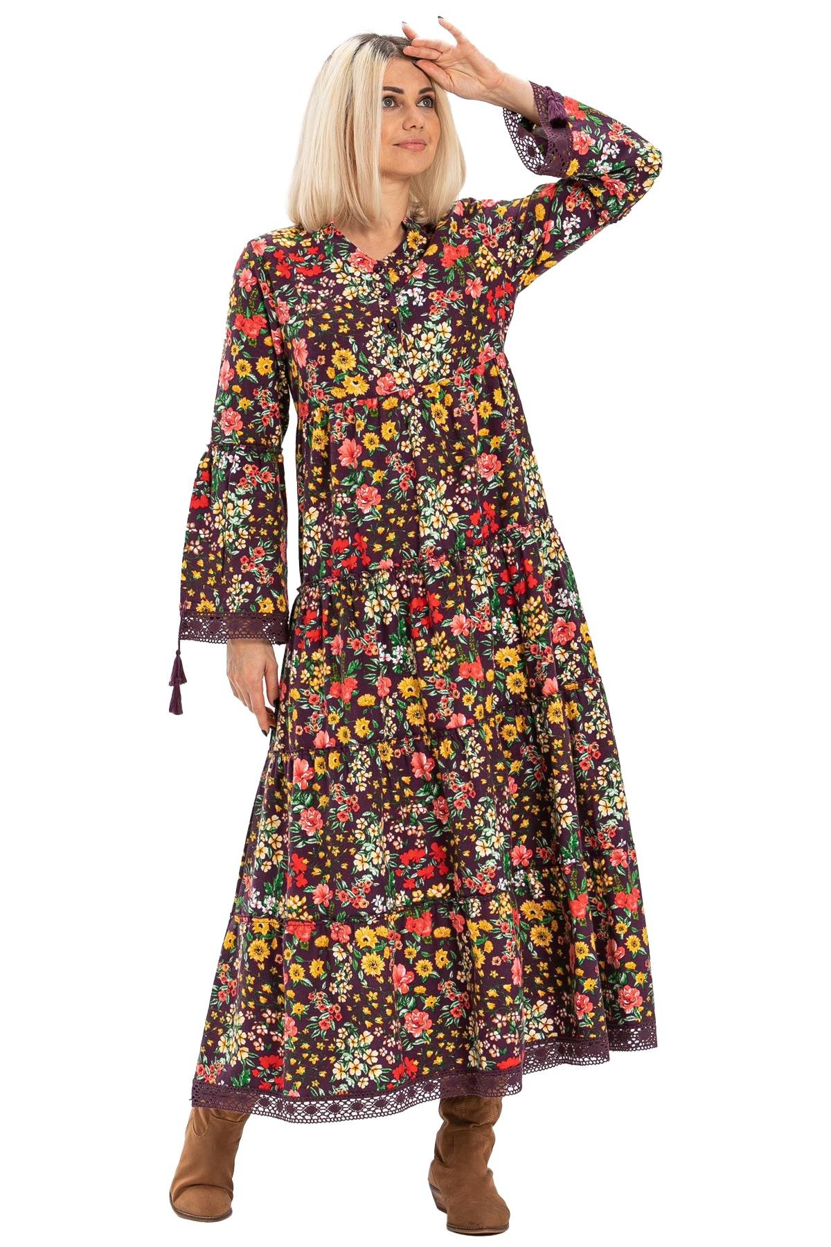 Uzun Kol Seçil Pazen Uzun Sonbahar ve Kışlık Elbise Bahar Desen Mor Mor