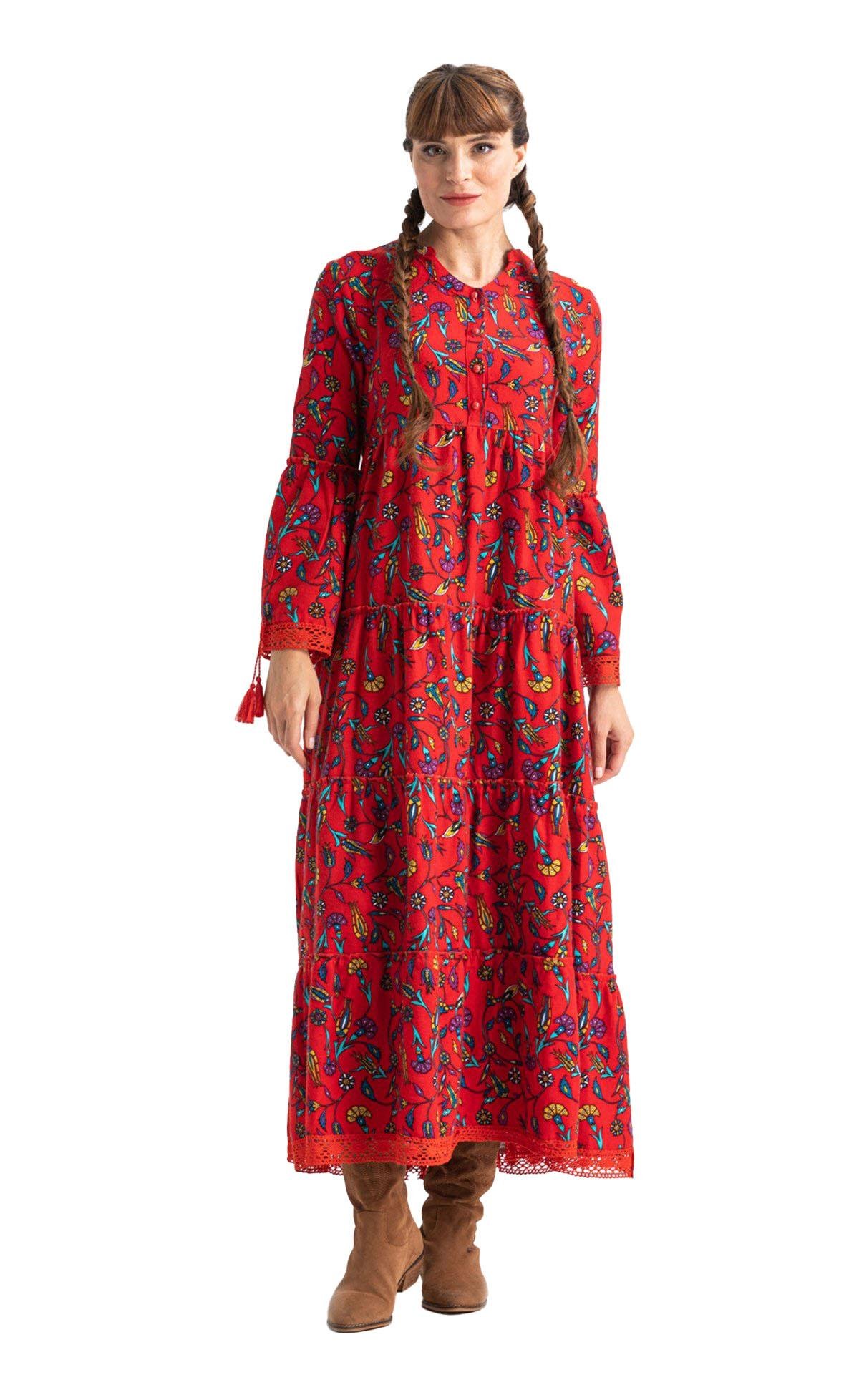 Uzun Kol Seçil Pazen Uzun Sonbahar ve Kışlık Elbise Çini Desen Kırmızı Krmz