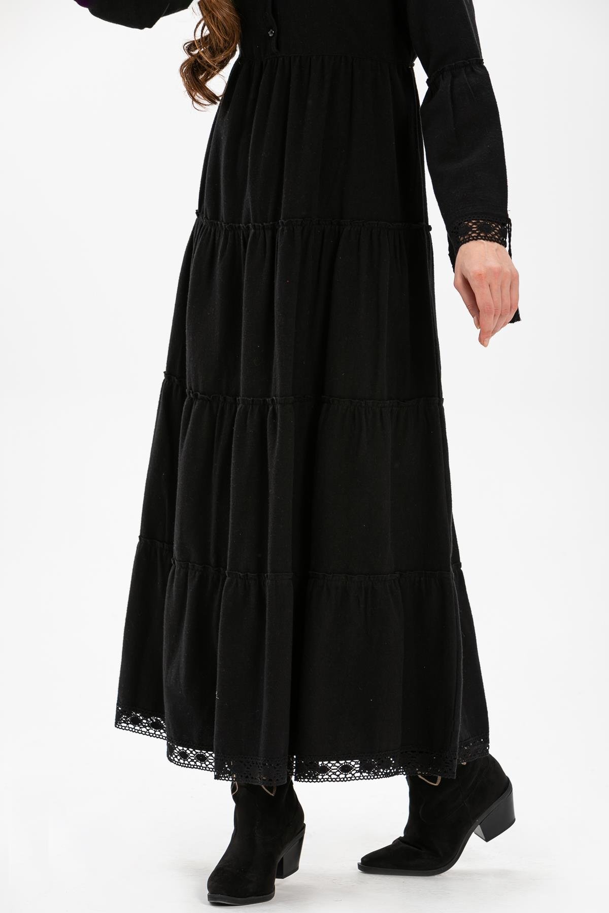 Uzun Kol Seçil Pazen Uzun Sonbahar ve Kışlık Elbise Siyah Syh