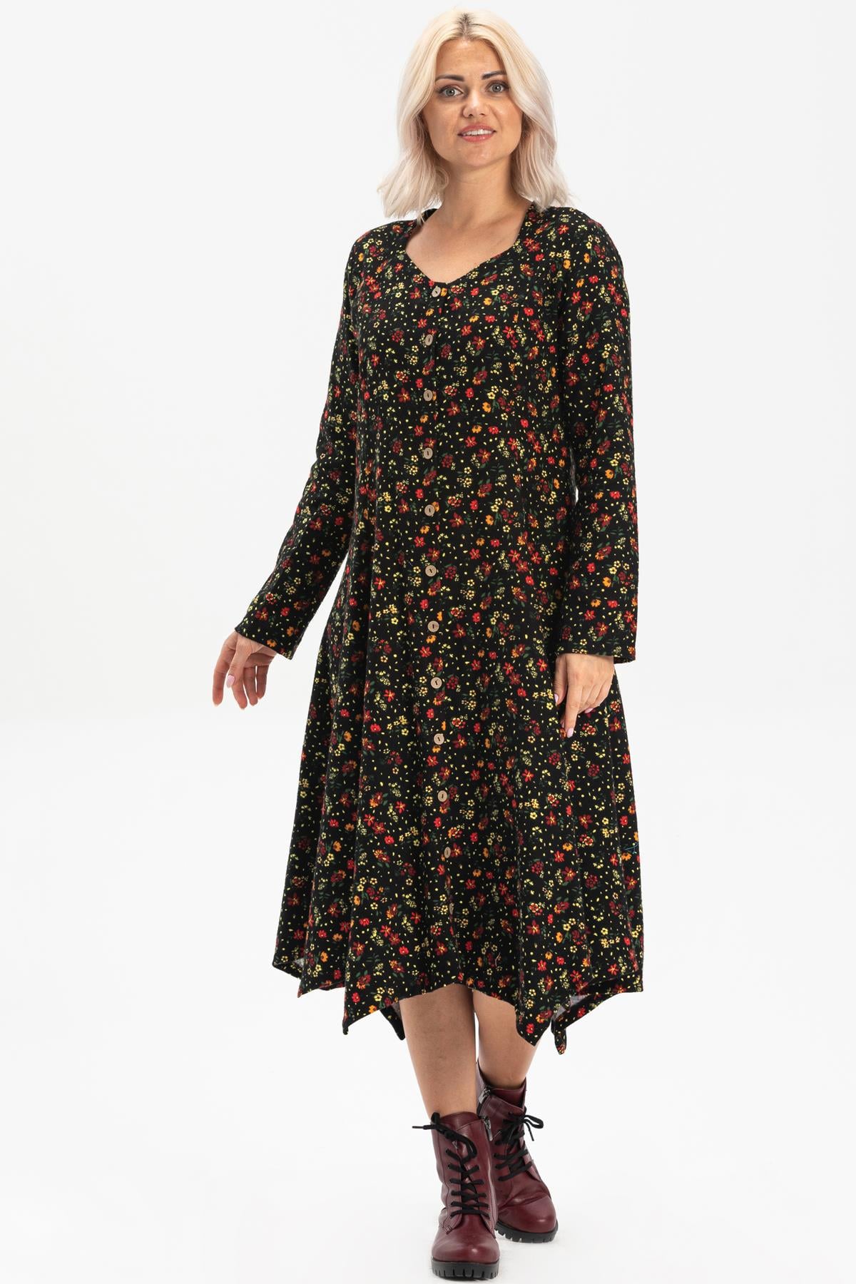Long Sleeve Flannel Selvi Dress Floral Pattern Black
