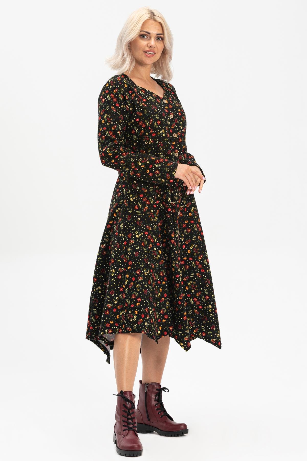 Long Sleeve Flannel Selvi Dress Floral Pattern Black