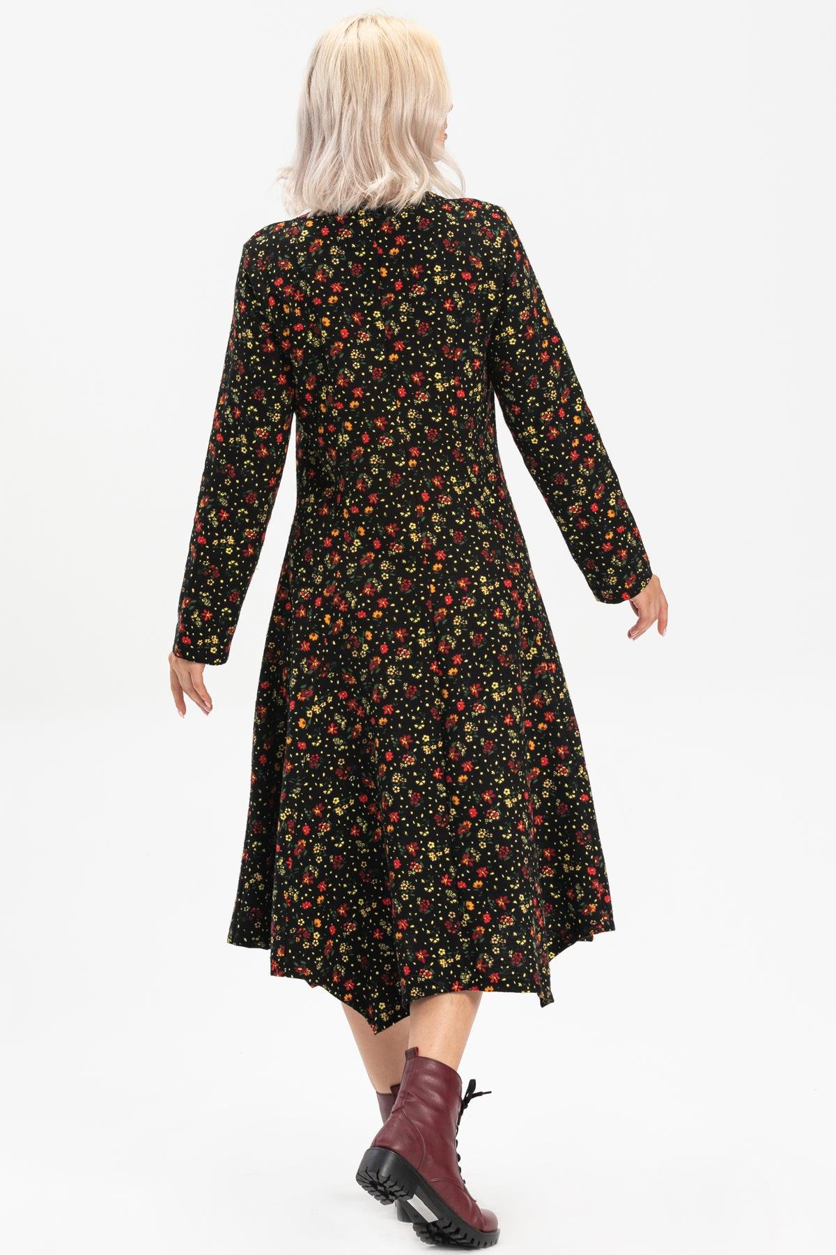 Long Sleeve Flannel Selvi Dress Floral Pattern Black