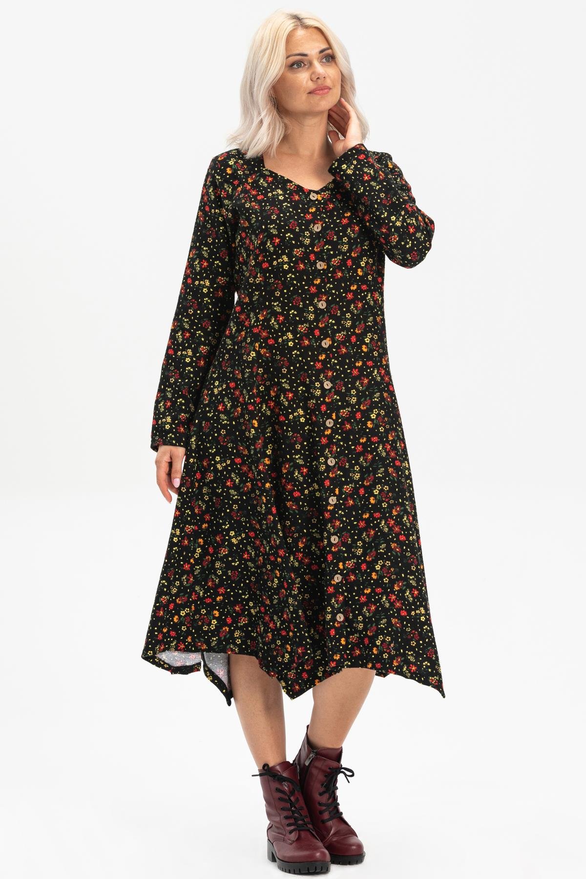 Long Sleeve Flannel Selvi Dress Floral Pattern Black