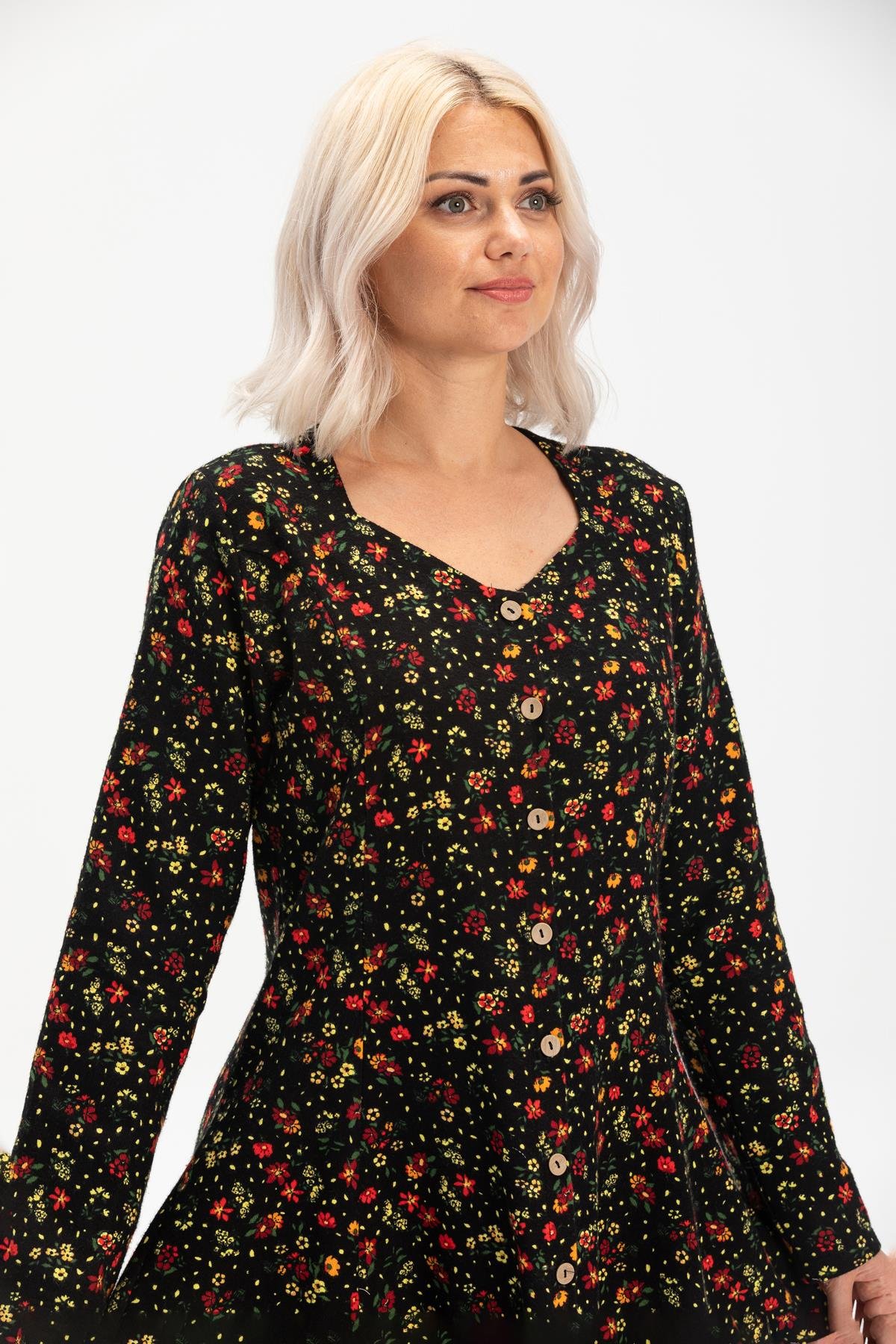 Long Sleeve Flannel Selvi Dress Floral Pattern Black