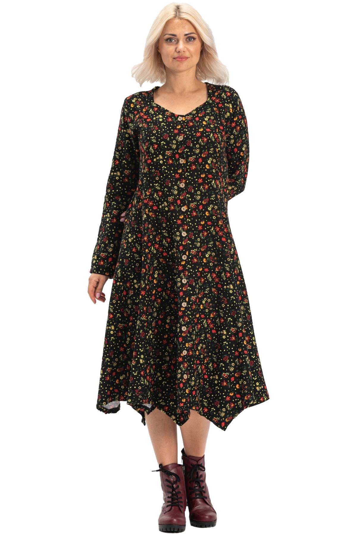 Long Sleeve Flannel Selvi Dress Floral Pattern Black