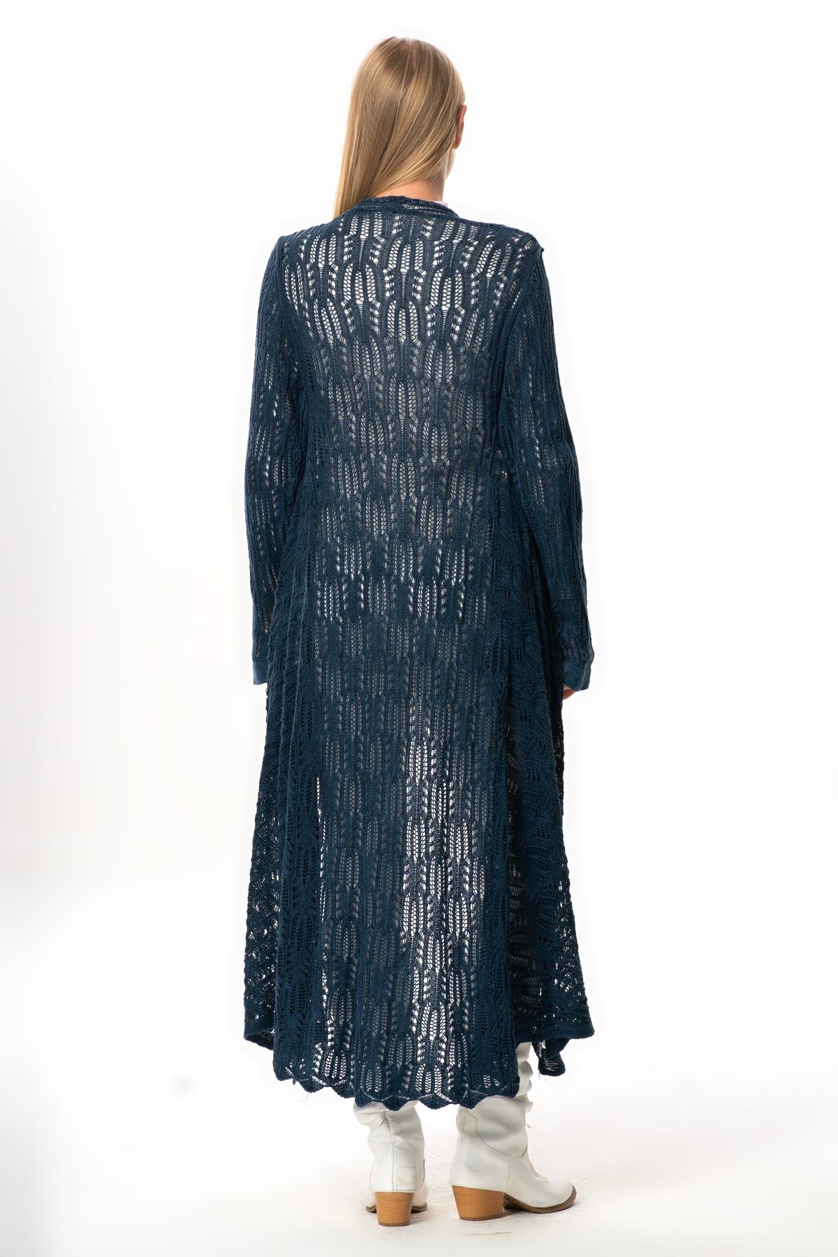 Uzun Kol Sena Asimetrik Kesim Sonbahar ve Kışlık Salaş Cepli Triko Hırka İndigo indg