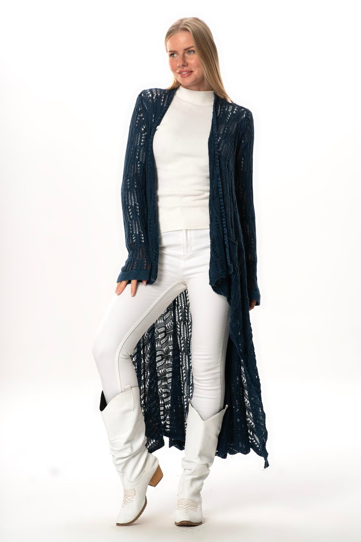 Uzun Kol Sena Asimetrik Kesim Sonbahar ve Kışlık Salaş Cepli Triko Hırka İndigo indg