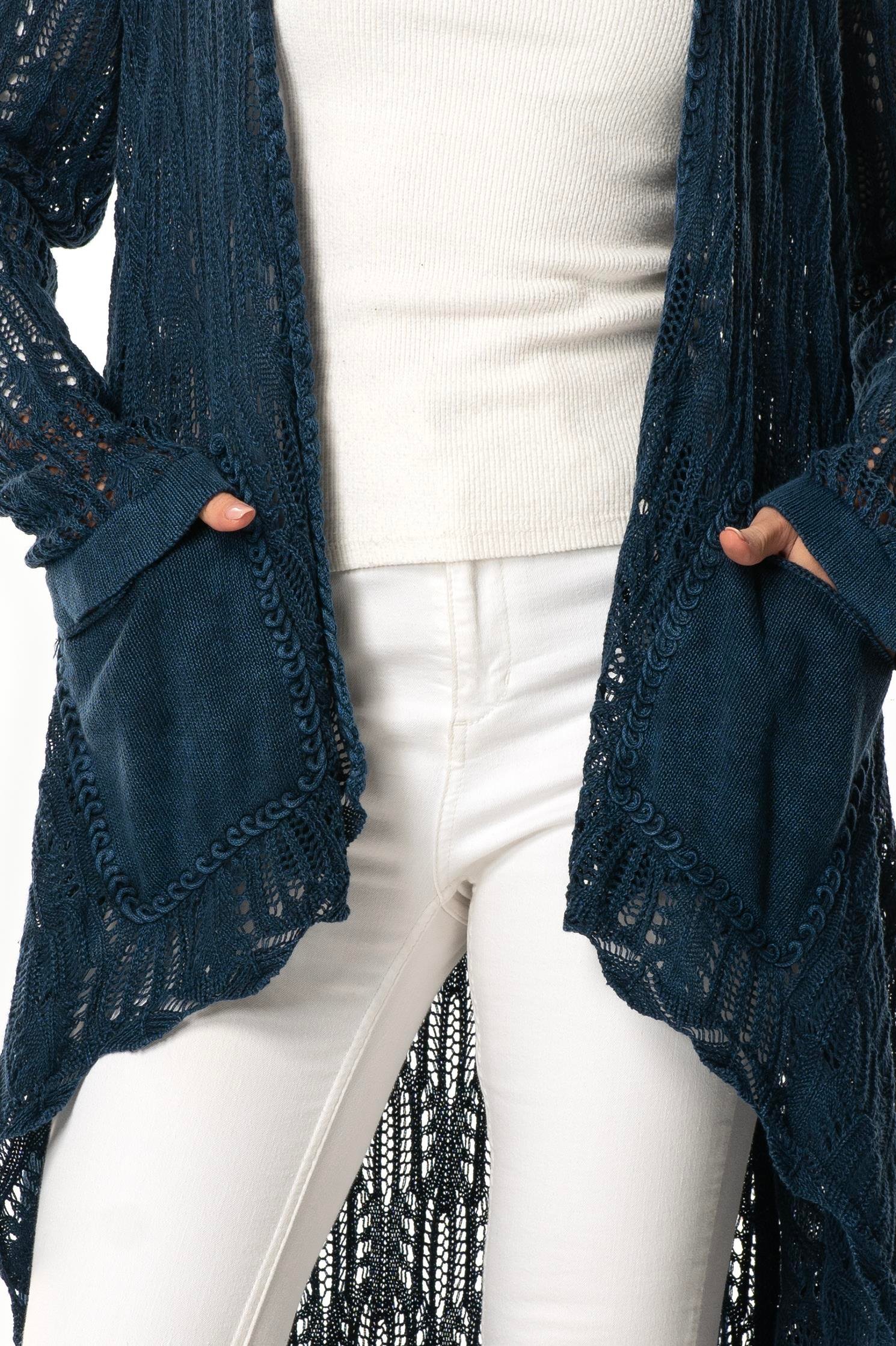 Uzun Kol Sena Asimetrik Kesim Sonbahar ve Kışlık Salaş Cepli Triko Hırka İndigo indg