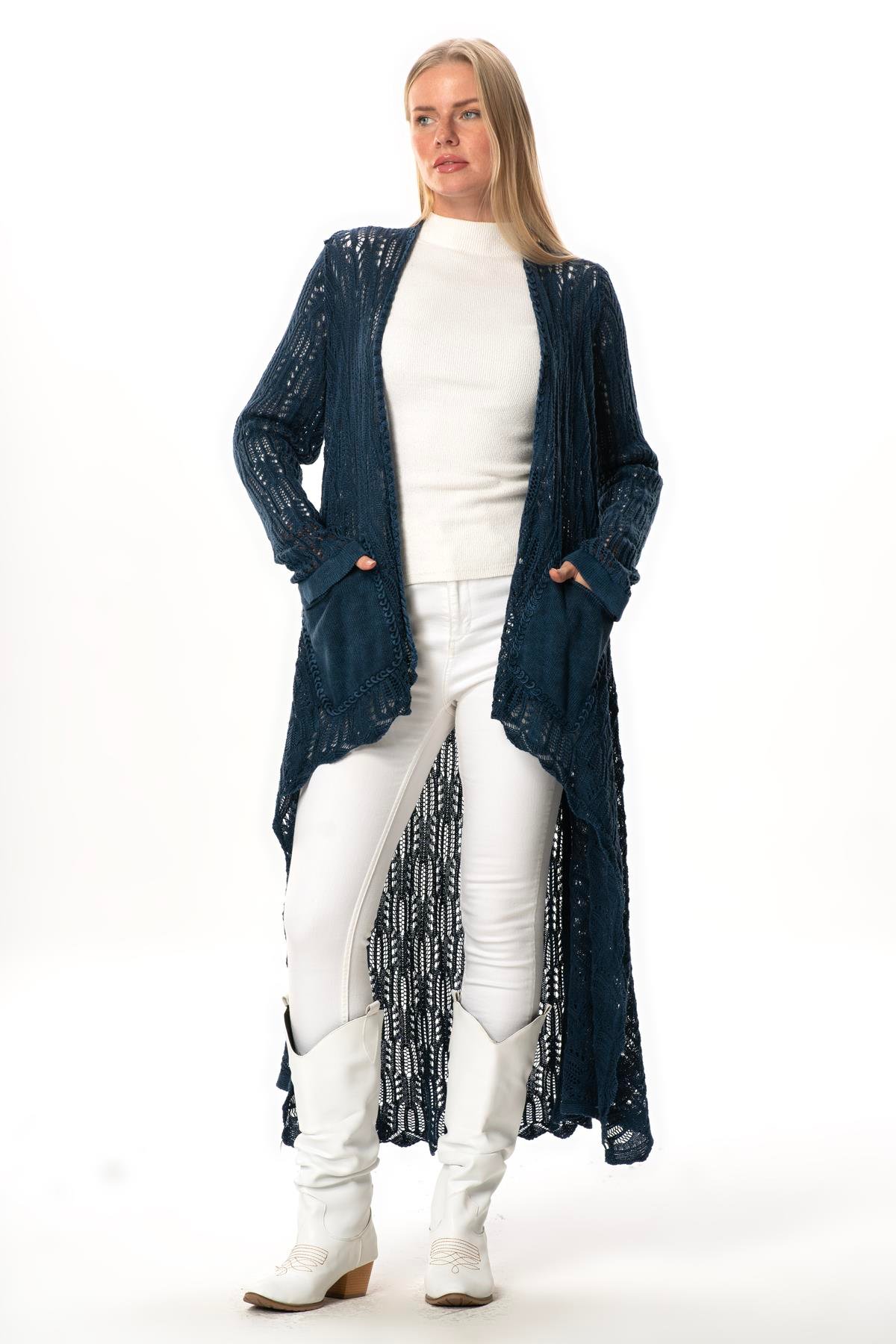 Uzun Kol Sena Asimetrik Kesim Sonbahar ve Kışlık Salaş Cepli Triko Hırka İndigo indg