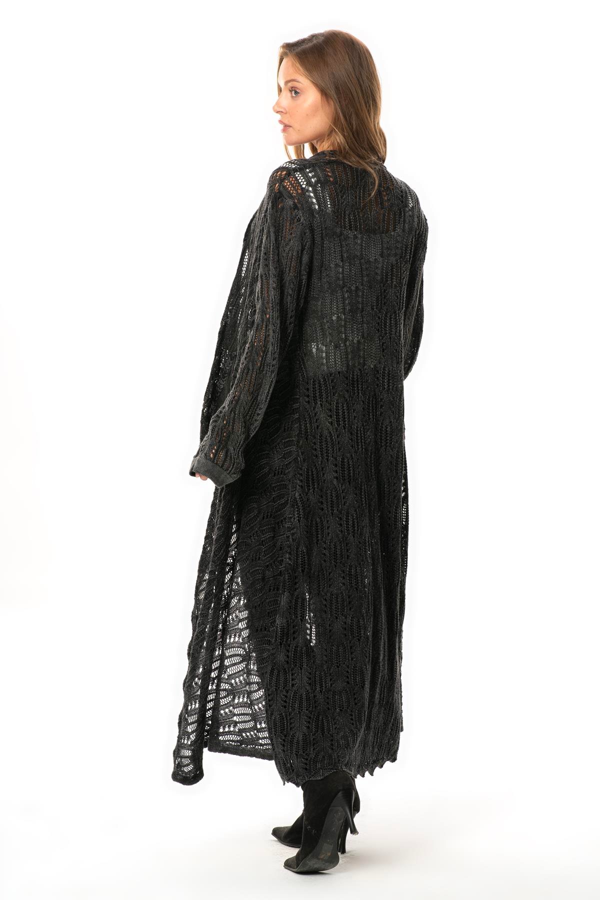 Uzun Kol Sena Asimetrik Kesim Sonbahar ve Kışlık Salaş Cepli Triko Hırka Füme Fm