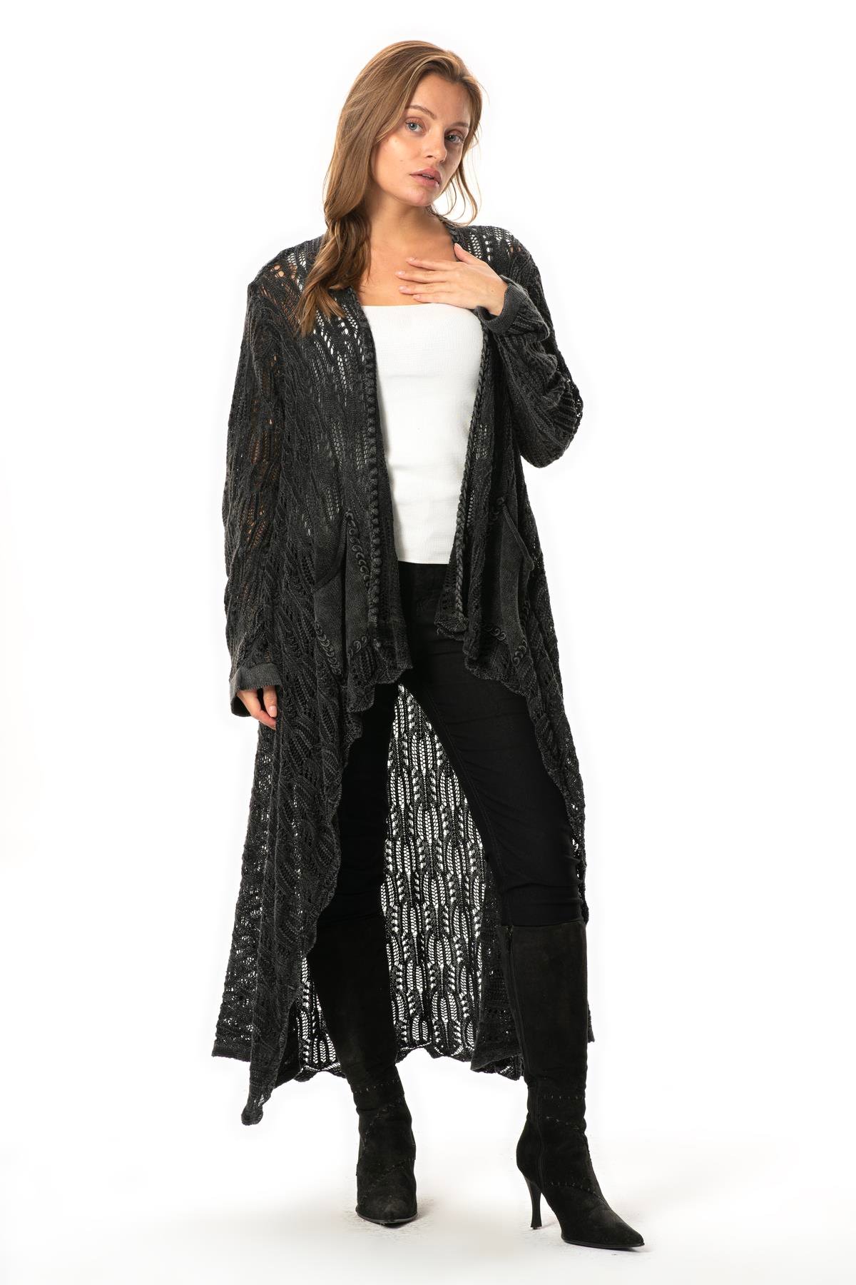 Uzun Kol Sena Asimetrik Kesim Sonbahar ve Kışlık Salaş Cepli Triko Hırka Füme Fm