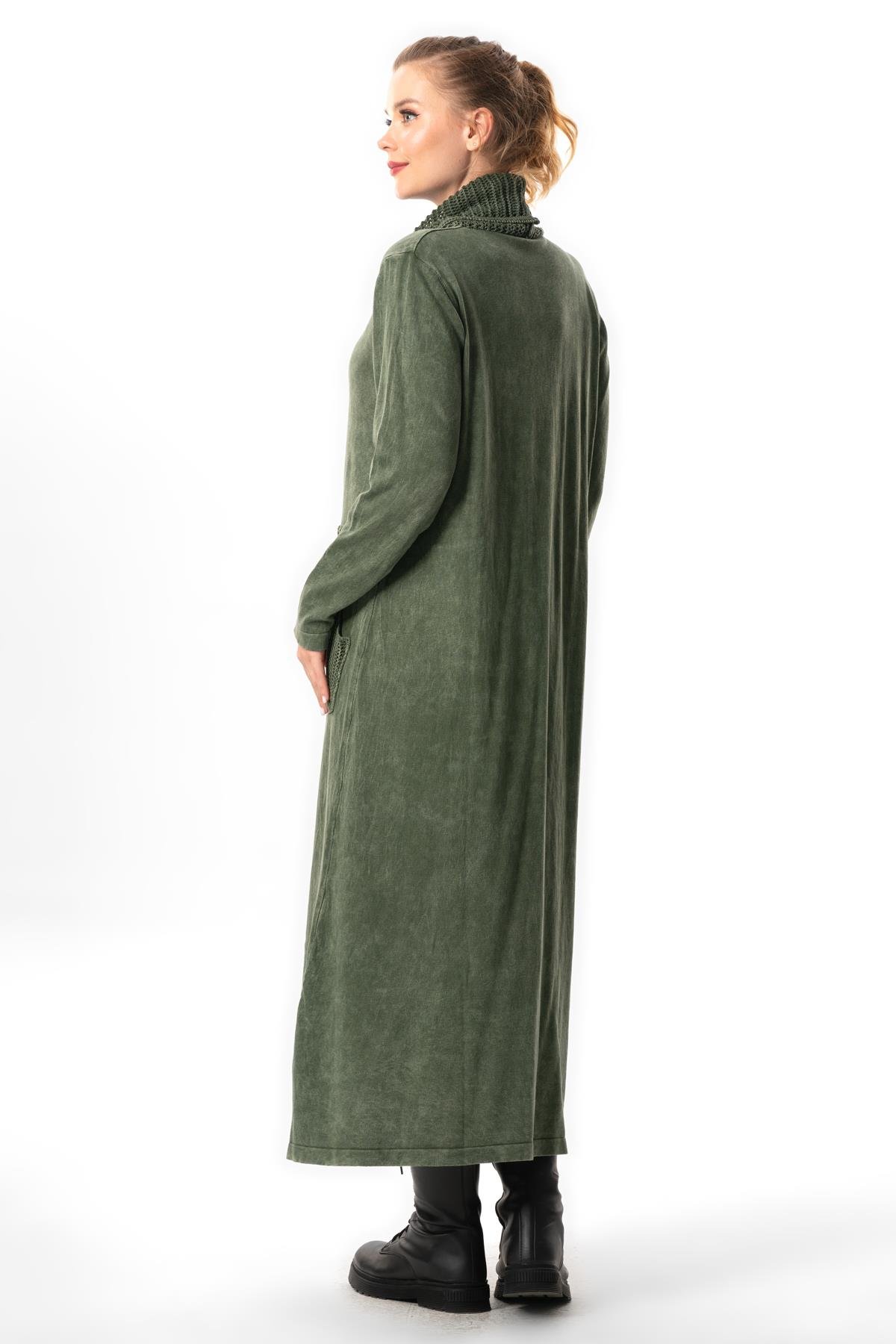 Uzun Kol Sevda Geniş Boğazlı Sonbahar ve Kışlık Cepli Triko Elbise Haki Hk