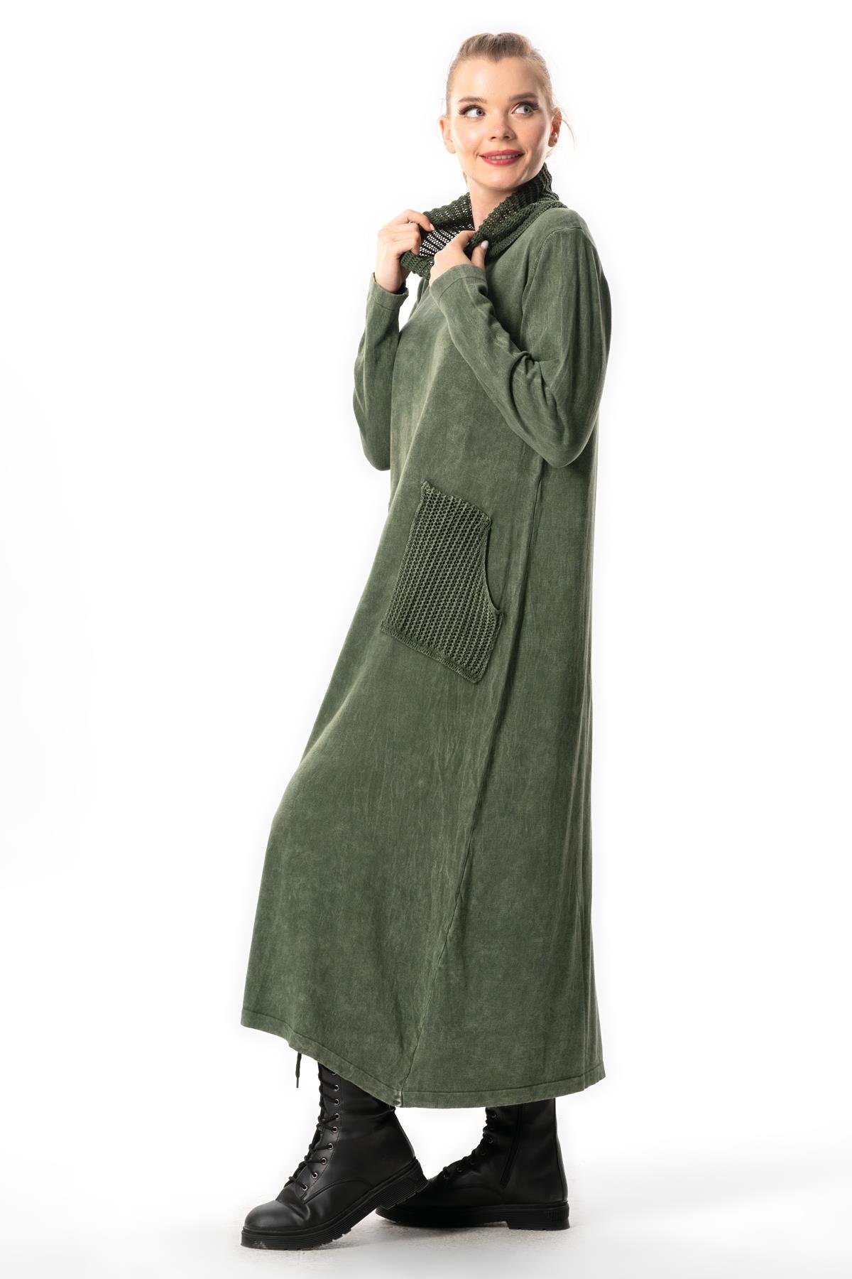 Uzun Kol Sevda Geniş Boğazlı Sonbahar ve Kışlık Cepli Triko Elbise Haki Hk