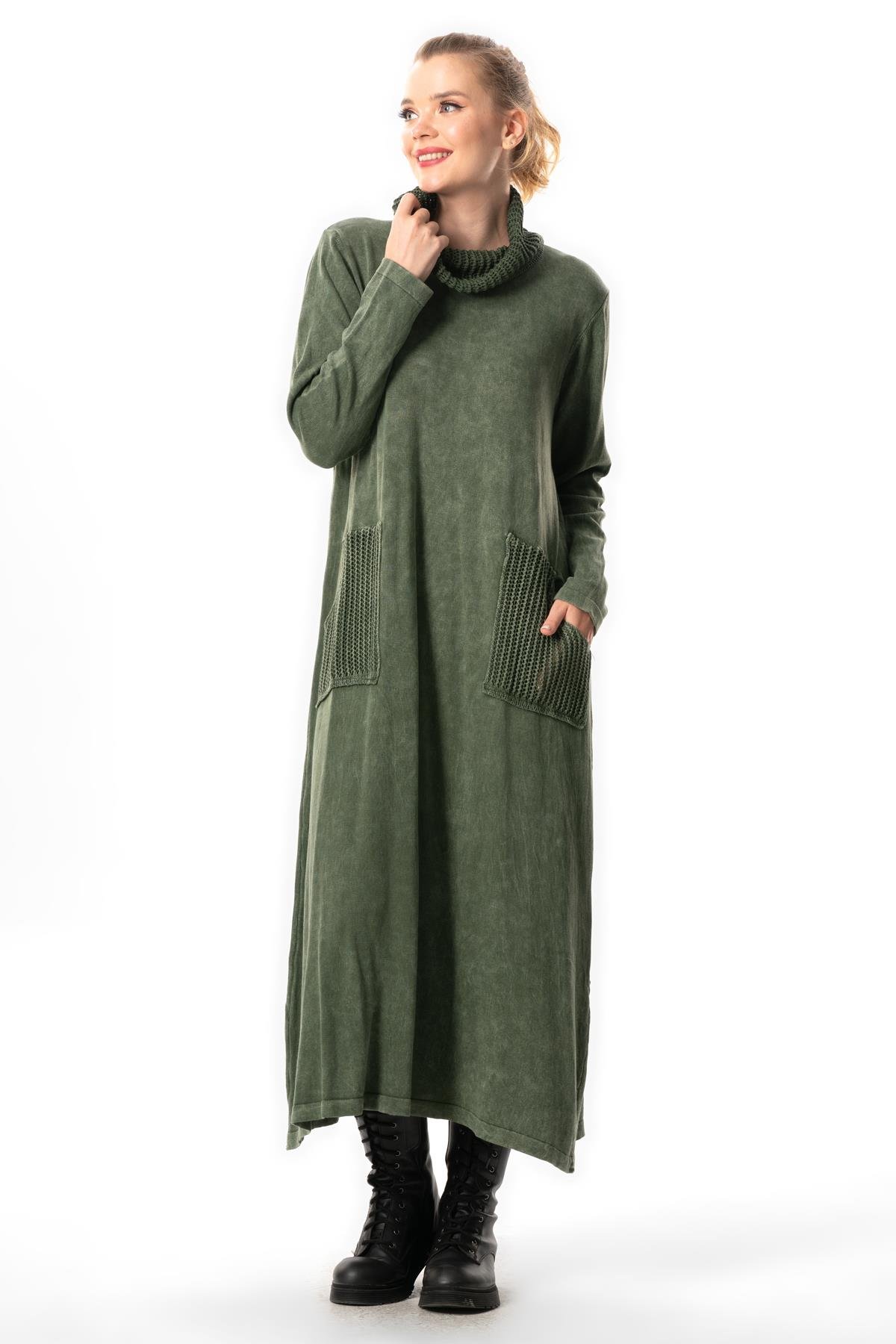 Uzun Kol Sevda Geniş Boğazlı Sonbahar ve Kışlık Cepli Triko Elbise Haki Hk