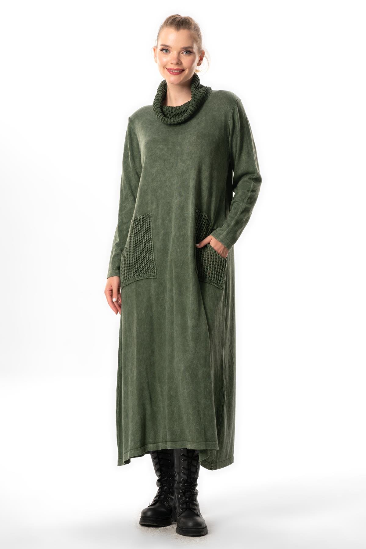 Uzun Kol Sevda Geniş Boğazlı Sonbahar ve Kışlık Cepli Triko Elbise Haki Hk