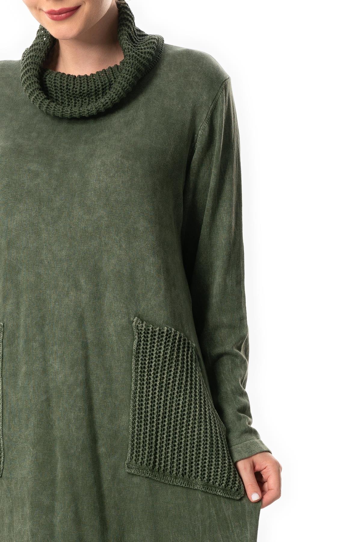 Uzun Kol Sevda Geniş Boğazlı Sonbahar ve Kışlık Cepli Triko Elbise Haki Hk