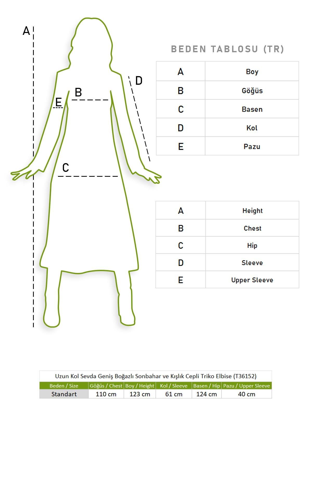 Uzun Kol Sevda Geniş Boğazlı Sonbahar ve Kışlık Cepli Triko Elbise Haki Hk