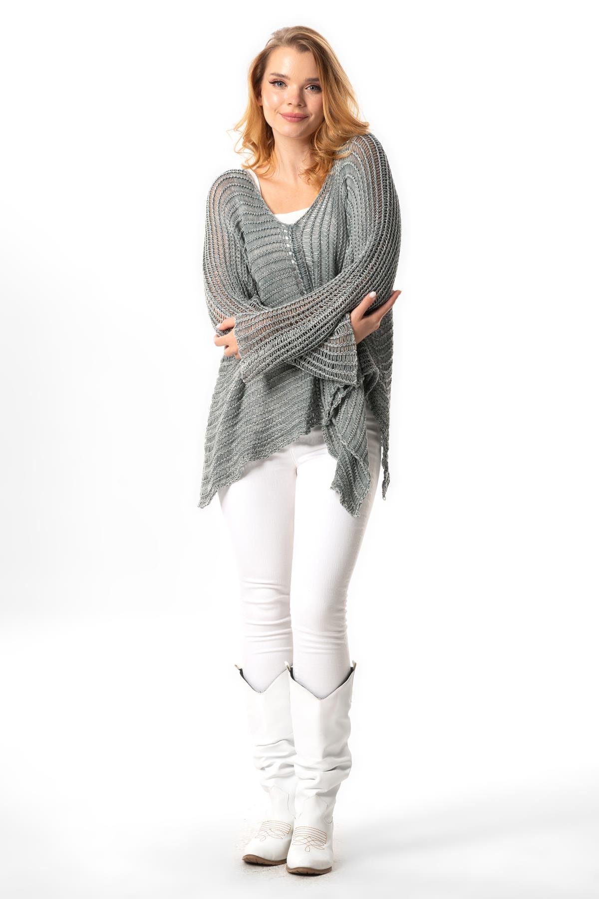 Long Sleeve Şevval Wide Collar Openwork Autumn and Winter Shabby Authentic Sweater Blouse Gray