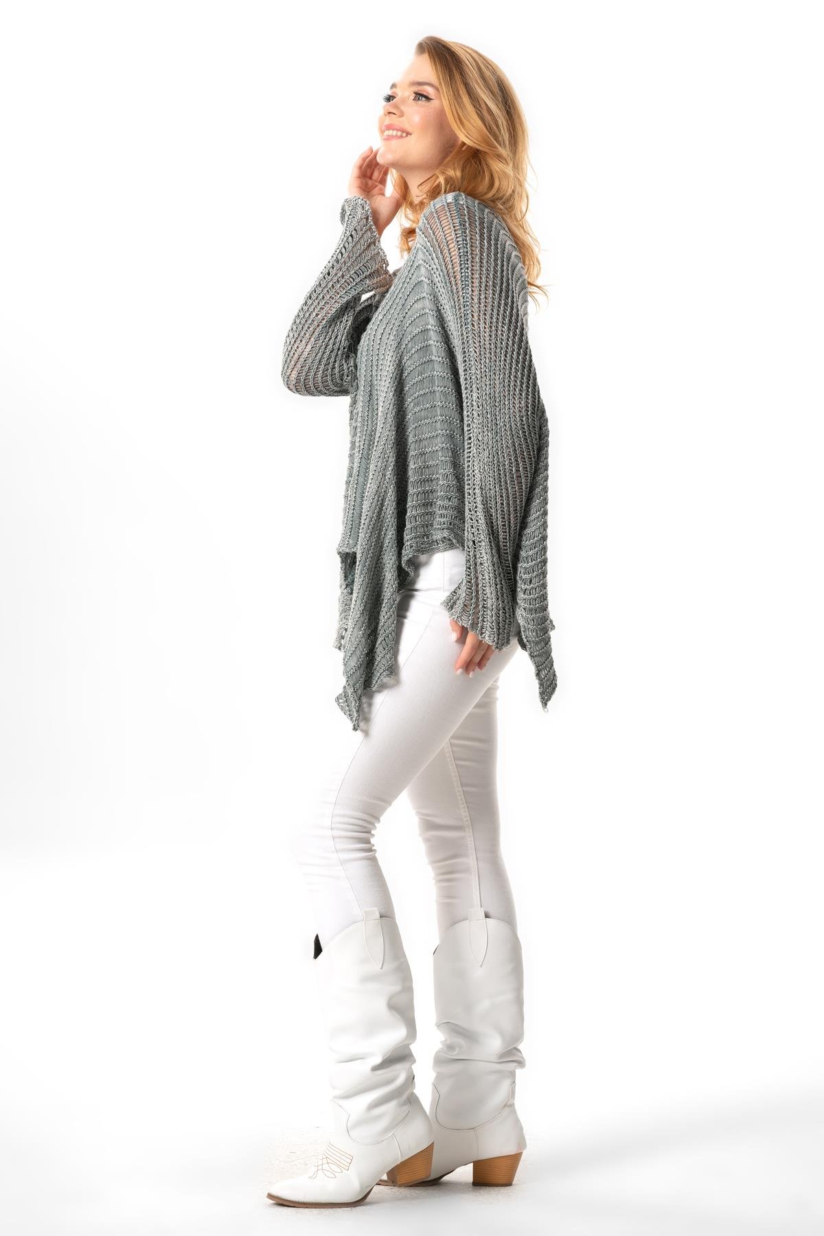 Long Sleeve Şevval Wide Collar Openwork Autumn and Winter Shabby Authentic Sweater Blouse Gray