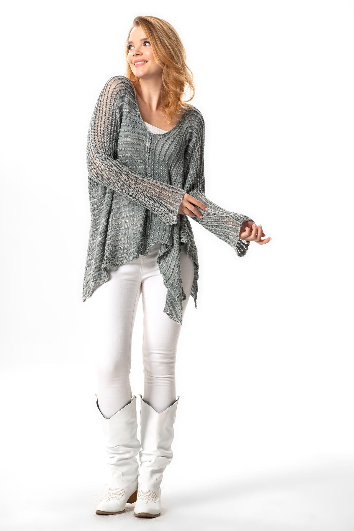 Long Sleeve Şevval Wide Collar Openwork Autumn and Winter Shabby Authentic Sweater Blouse Gray