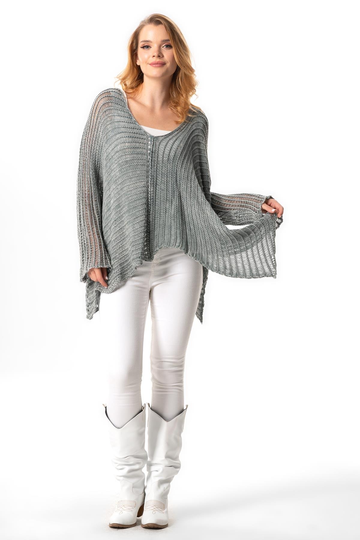 Long Sleeve Şevval Wide Collar Openwork Autumn and Winter Shabby Authentic Sweater Blouse Gray