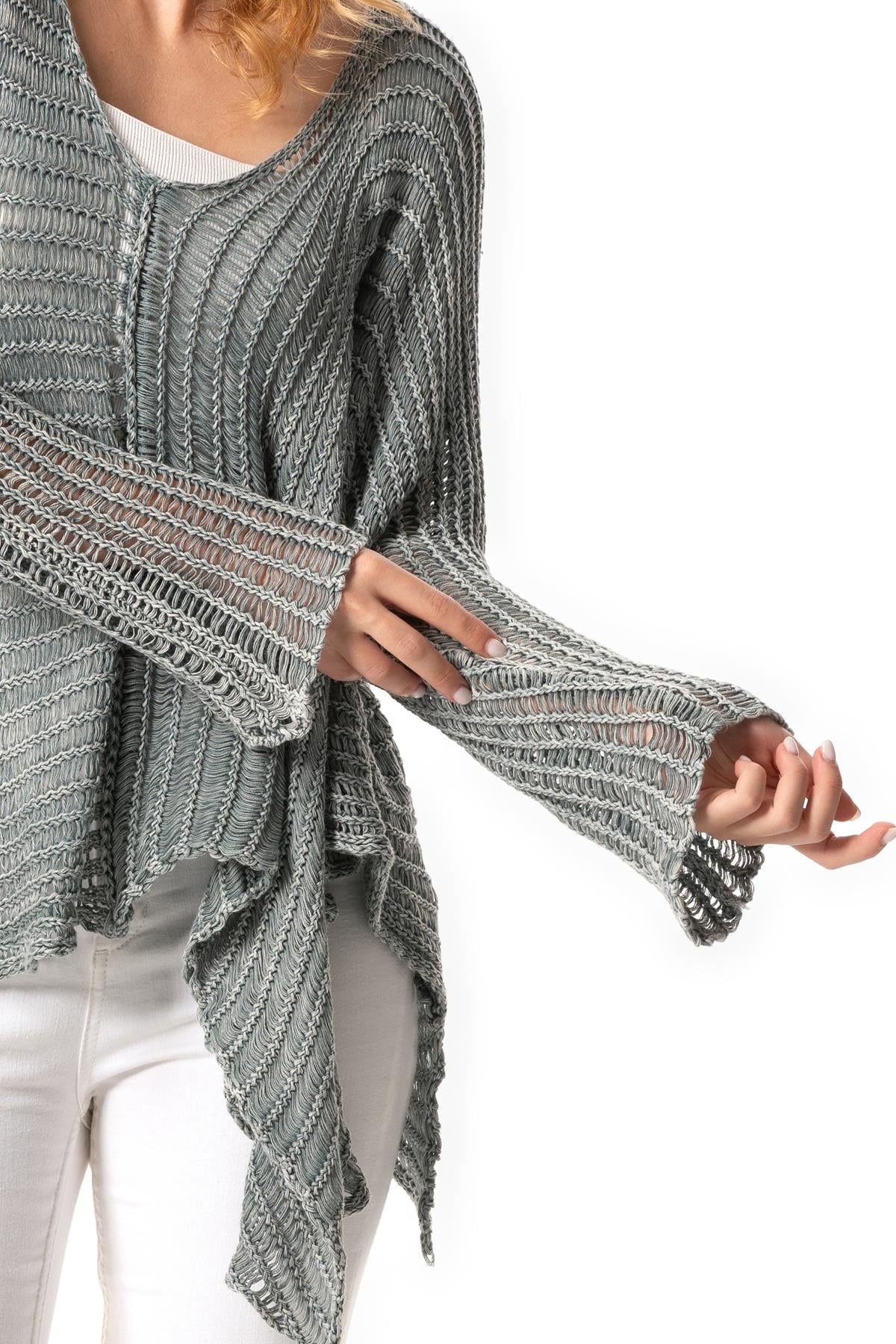 Long Sleeve Şevval Wide Collar Openwork Autumn and Winter Shabby Authentic Sweater Blouse Gray