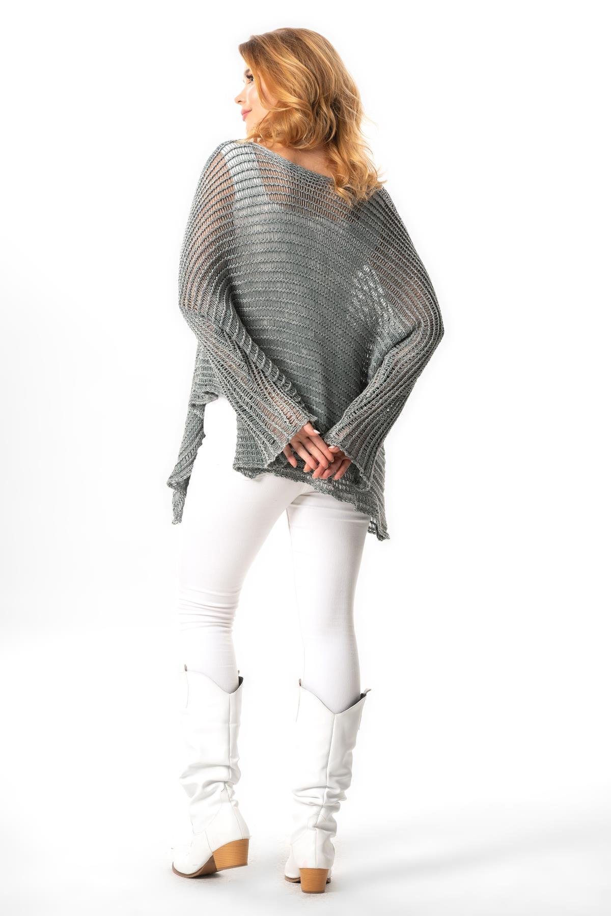 Long Sleeve Şevval Wide Collar Openwork Autumn and Winter Shabby Authentic Sweater Blouse Gray