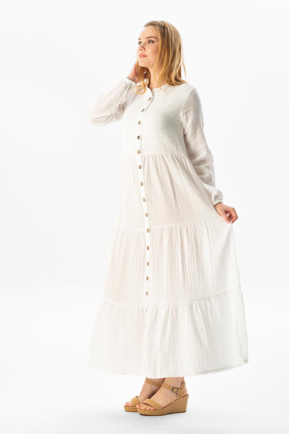 Uzun Kol Sezen Mevsimlik Müslin Ferace Beyaz Byz