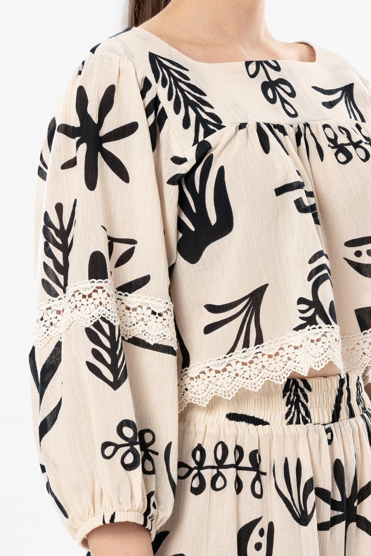 Uzun Kol Şile Bezi Akyaka Güpür Detay Yazlık Otantik Crop Bluz Krem Krm