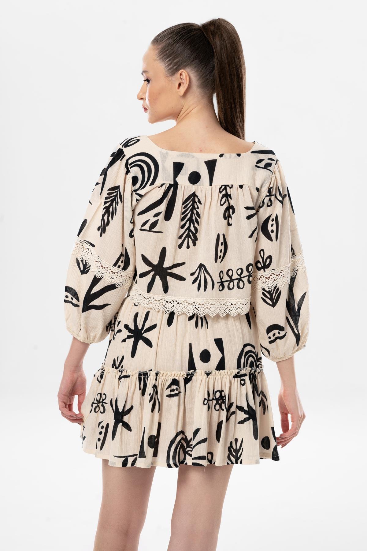 Uzun Kol Şile Bezi Akyaka Güpür Detay Yazlık Otantik Crop Bluz Krem Krm