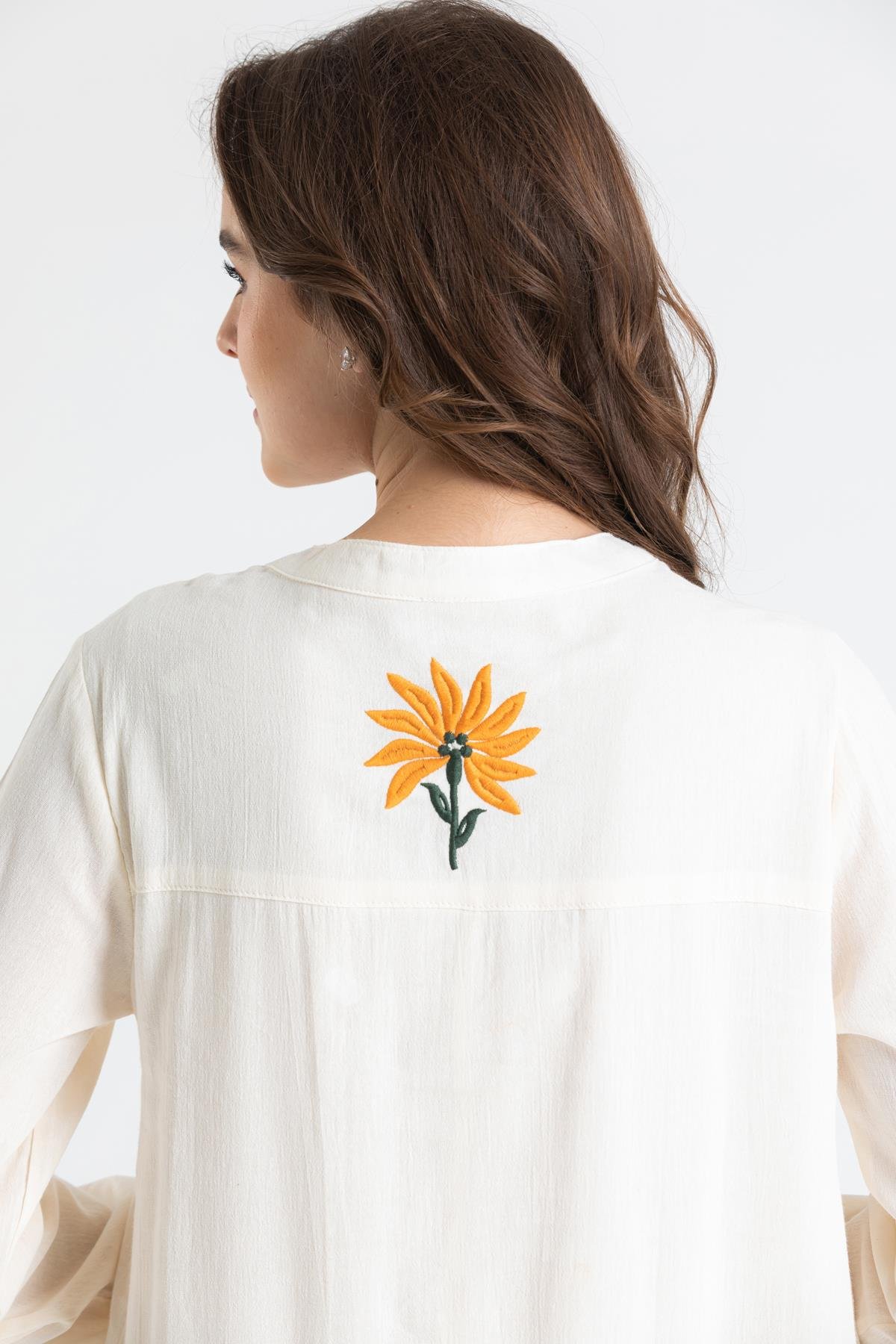 Uzun Kol Şile Bezi Aslı Nakışlı Uzun Elbise Krem Krm