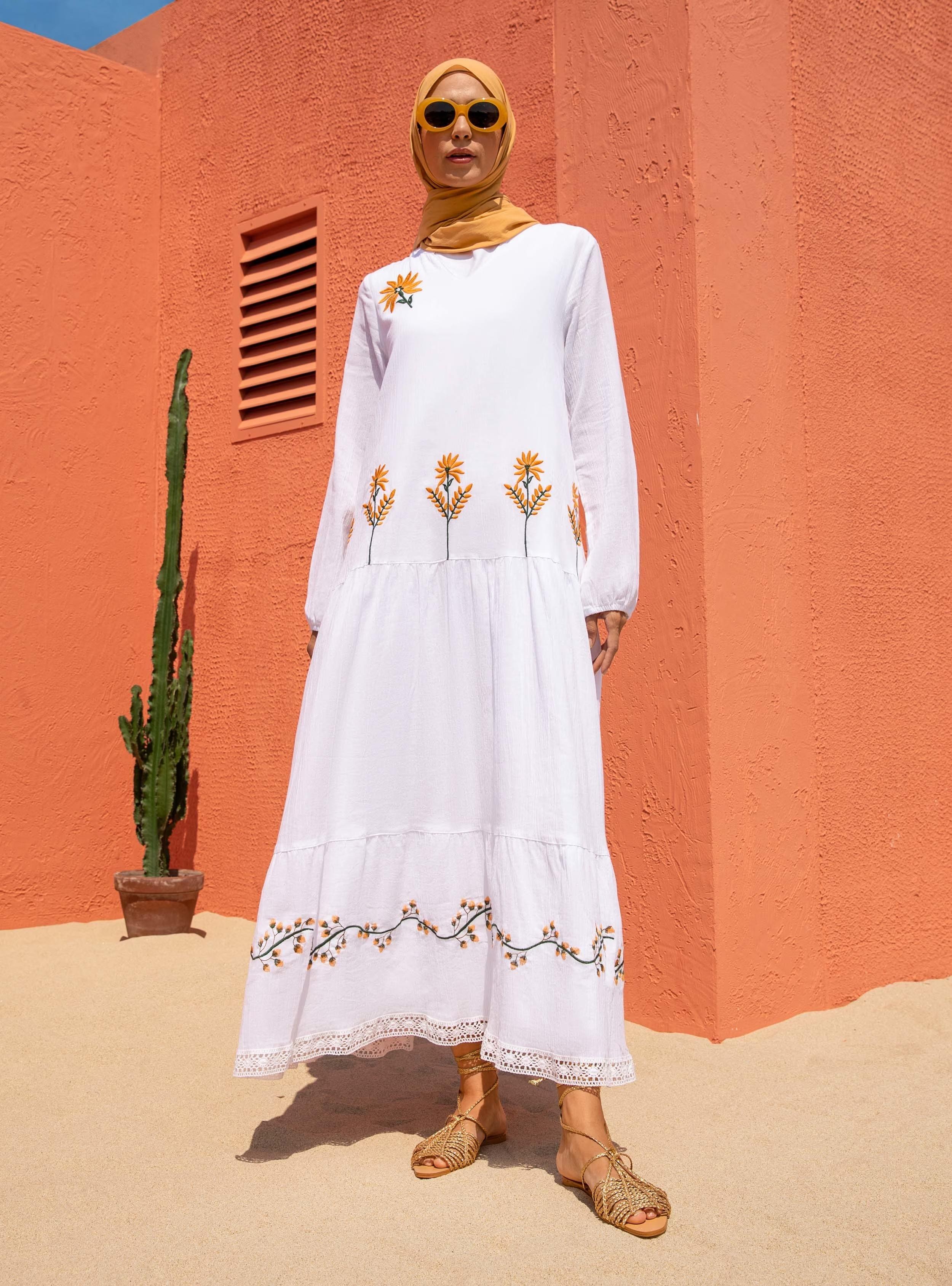 Uzun Kol Şile Bezi Aslı Nakışlı Uzun Elbise Beyaz Byz